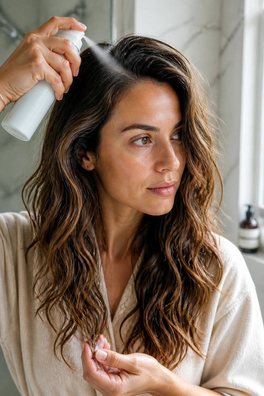 Close-up of a real woman applying hair product in a bathroom to prep wavy hair