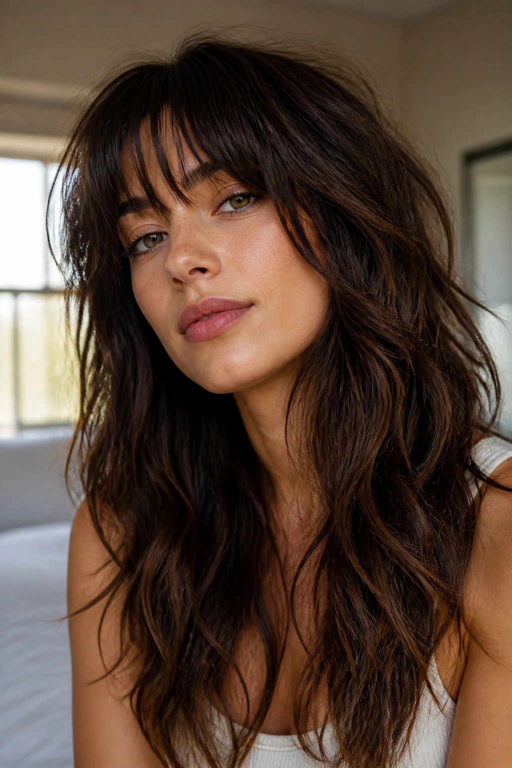 Close-up of a real woman with wavy shag hair showing sliced layers and soft fringe