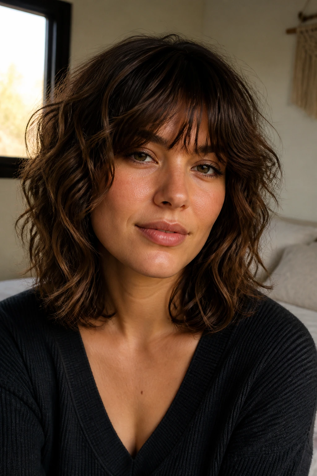 Close-up portrait of a real person with wavy hair showing S-curves and shag layers in warm window light