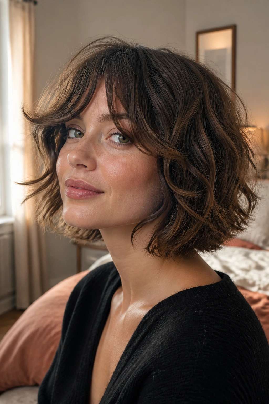 Close-up portrait of a real woman with a shaggy Italian bob on wavy hair, window-lit cozy setting