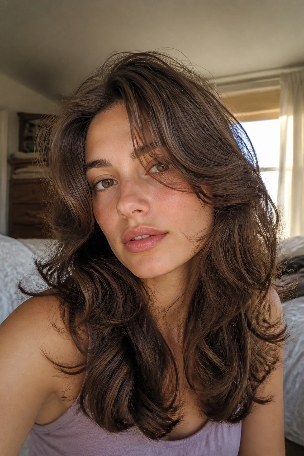 Close-up portrait of a real person with wavy hair showing face-framing shapes in natural window light.