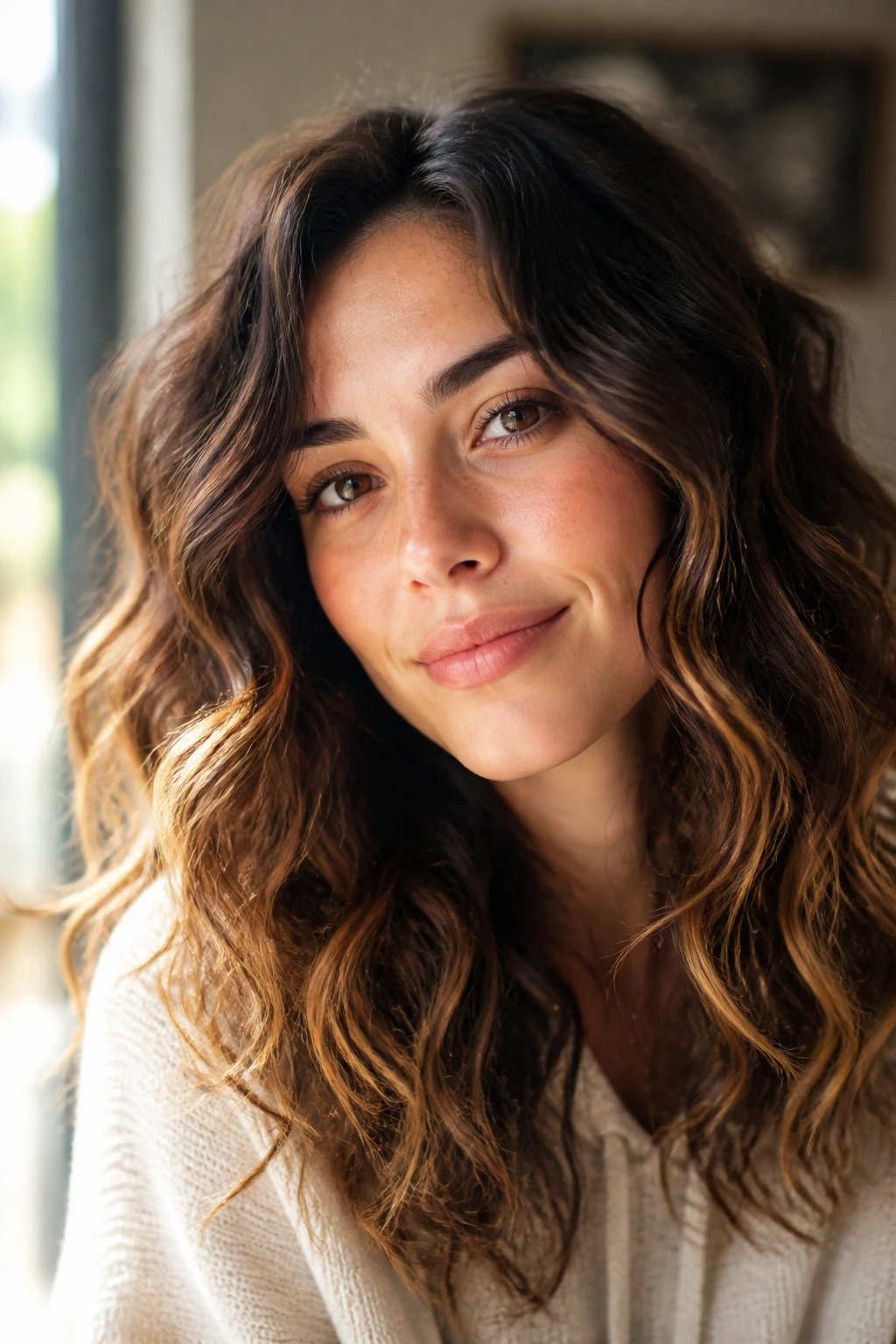 Real person with softly styled waves sitting naturally on the head