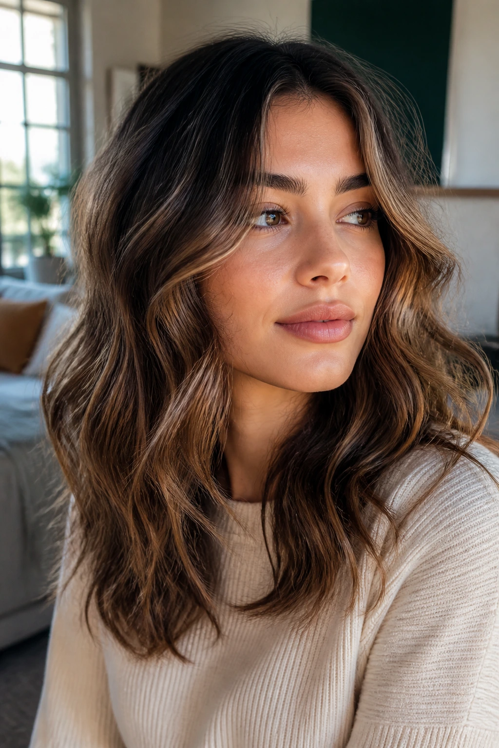 Close-up portrait of a real person with wavy hair and soft layers, warm window light