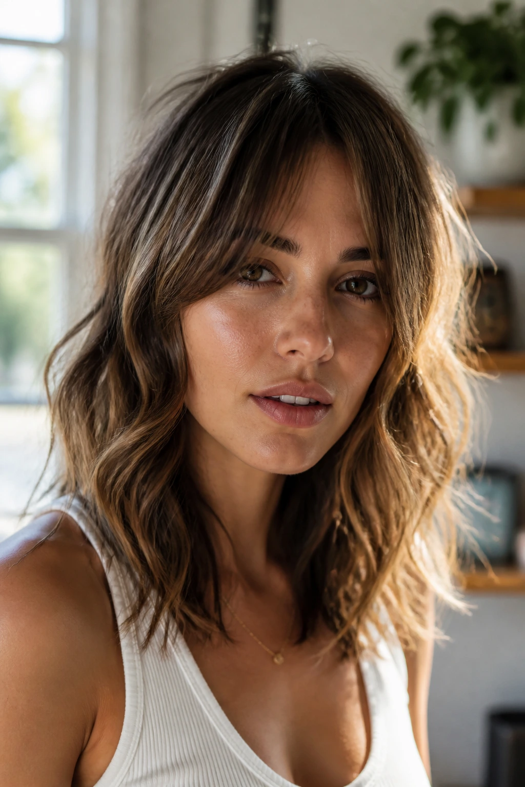 Portrait of a woman with wavy mid-length hair and split bangs in bright room