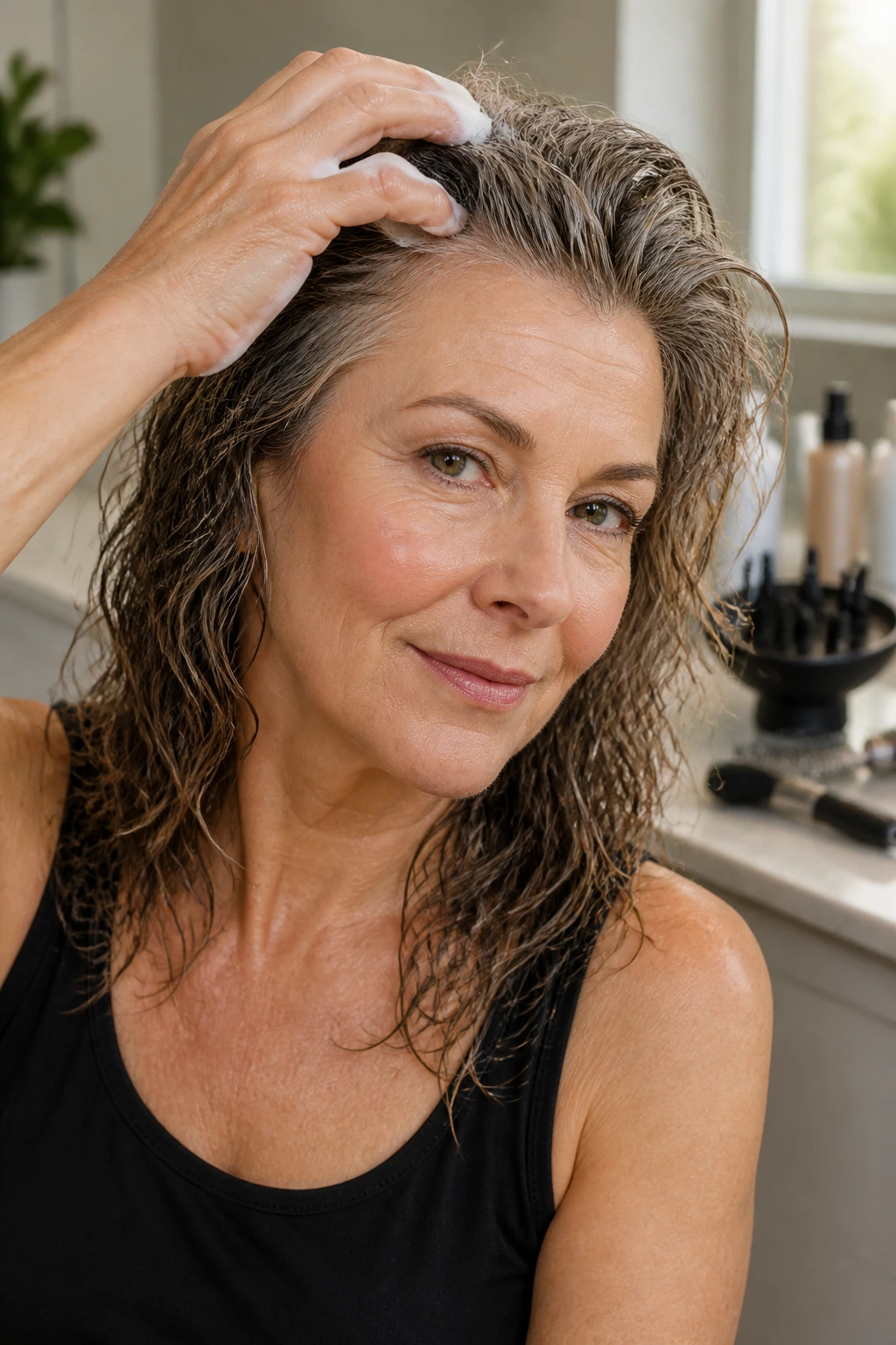 Close-up of a real woman with damp, wavy hair and styling products nearby