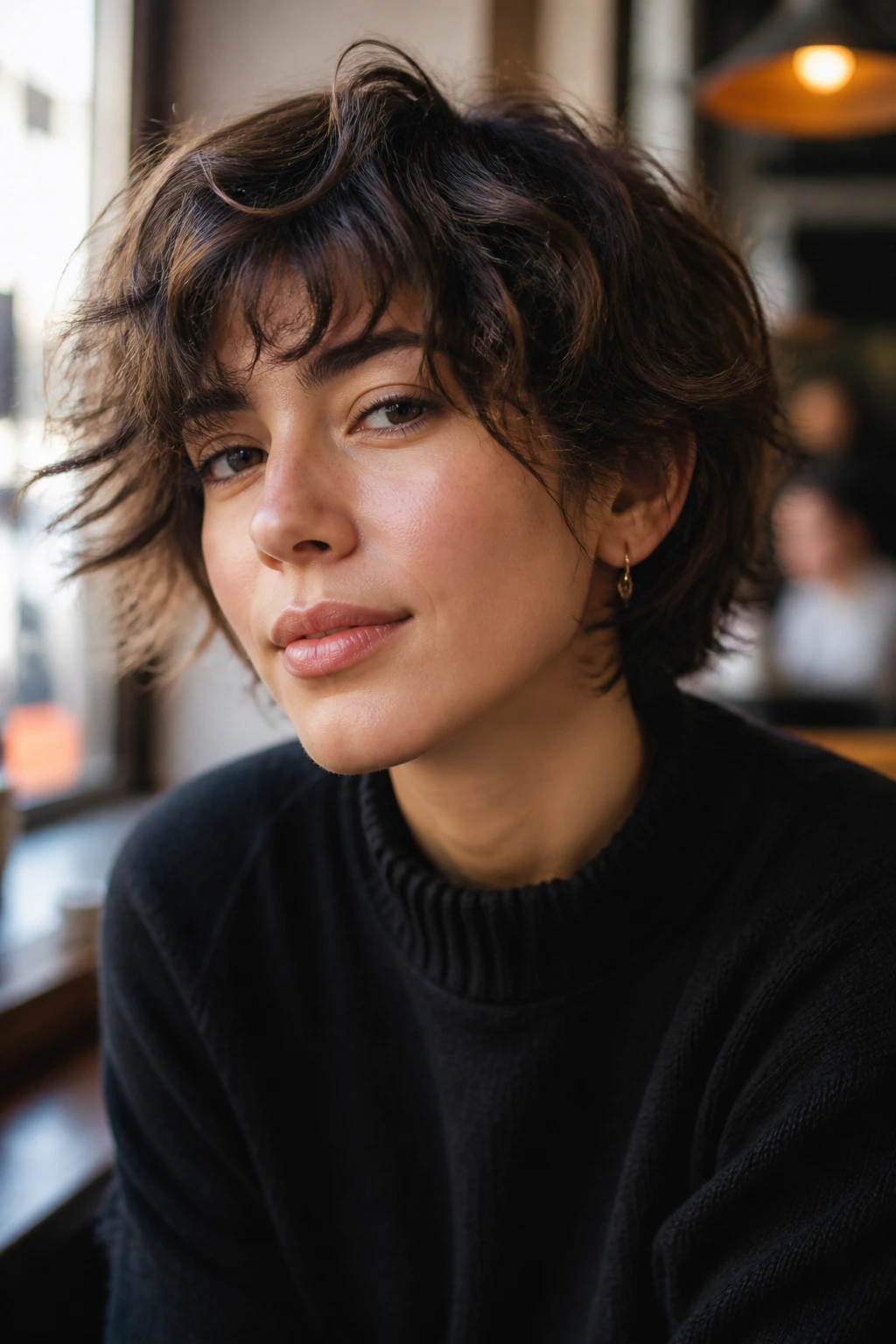 Close-up of a real person with a short thick wavy shaggy crop