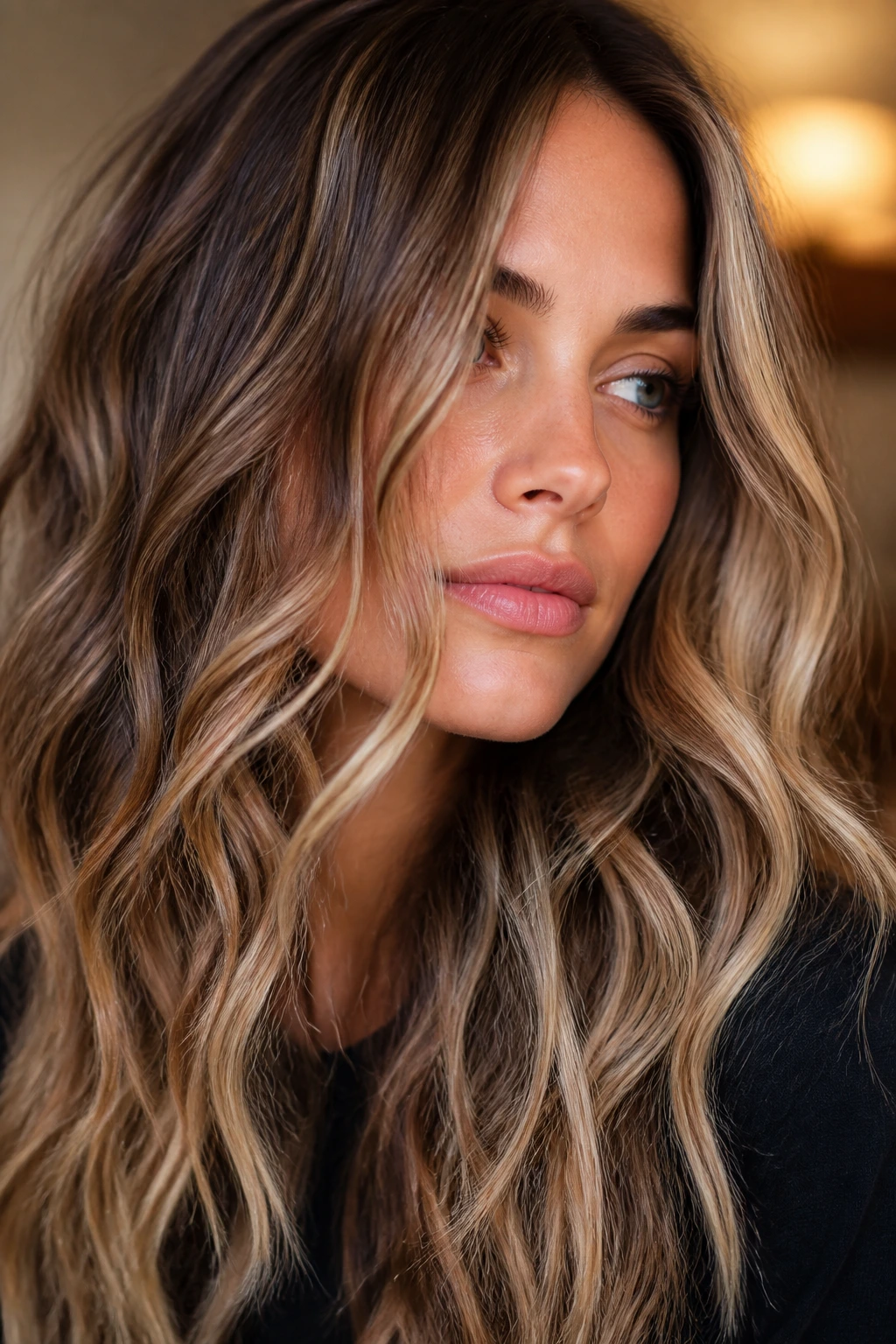 Real woman with wavy hair showing multiple color variations across strands