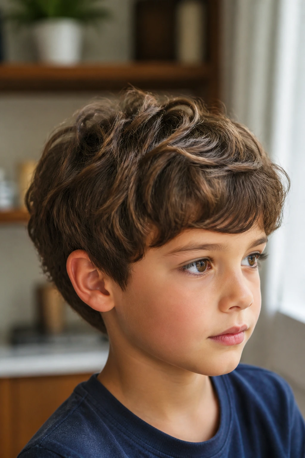 Portrait of real boy with wavy hair styled with scissors for natural movement.