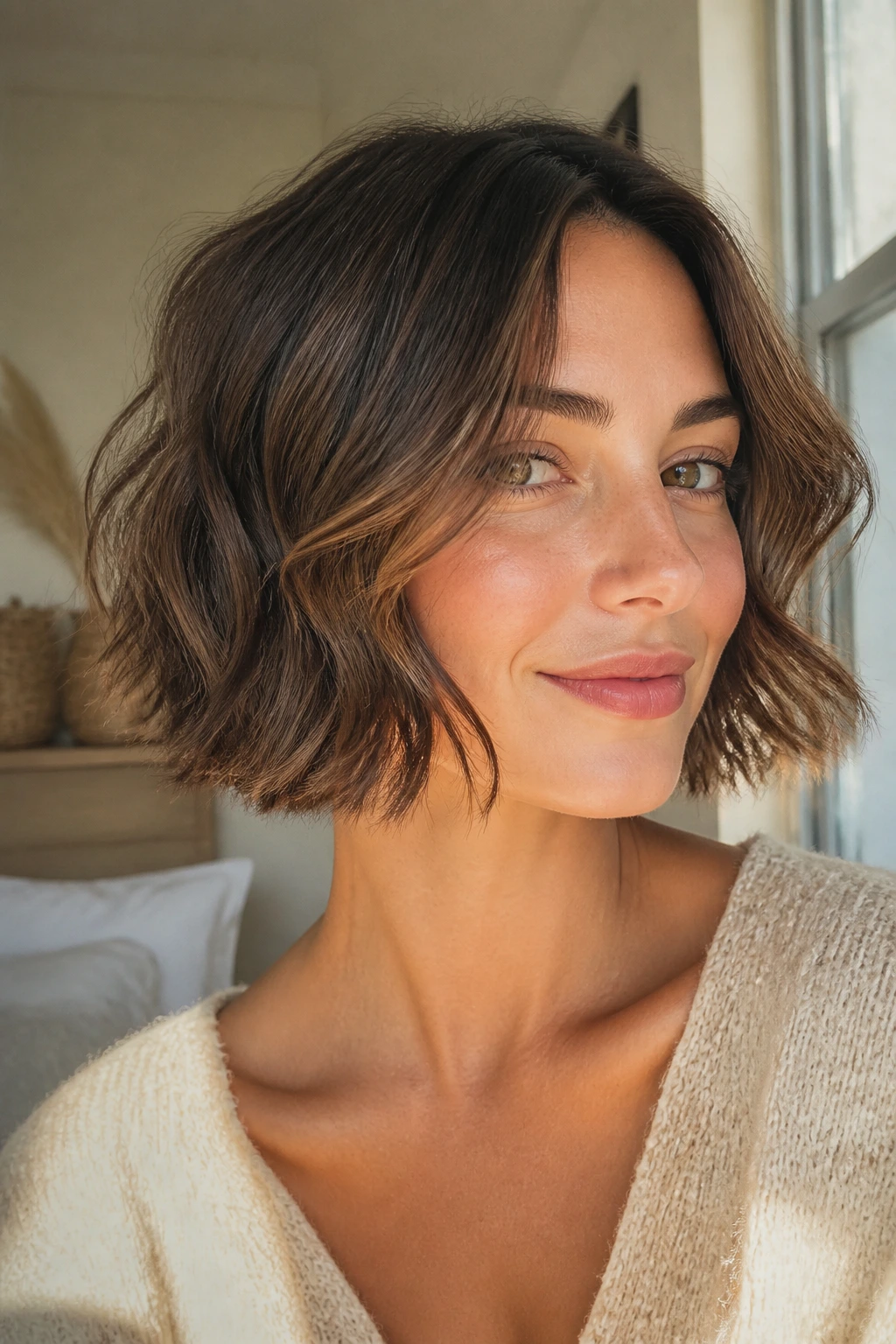 Close-up of a real woman with a wavy chin-length cut and piecey ends in warm window light