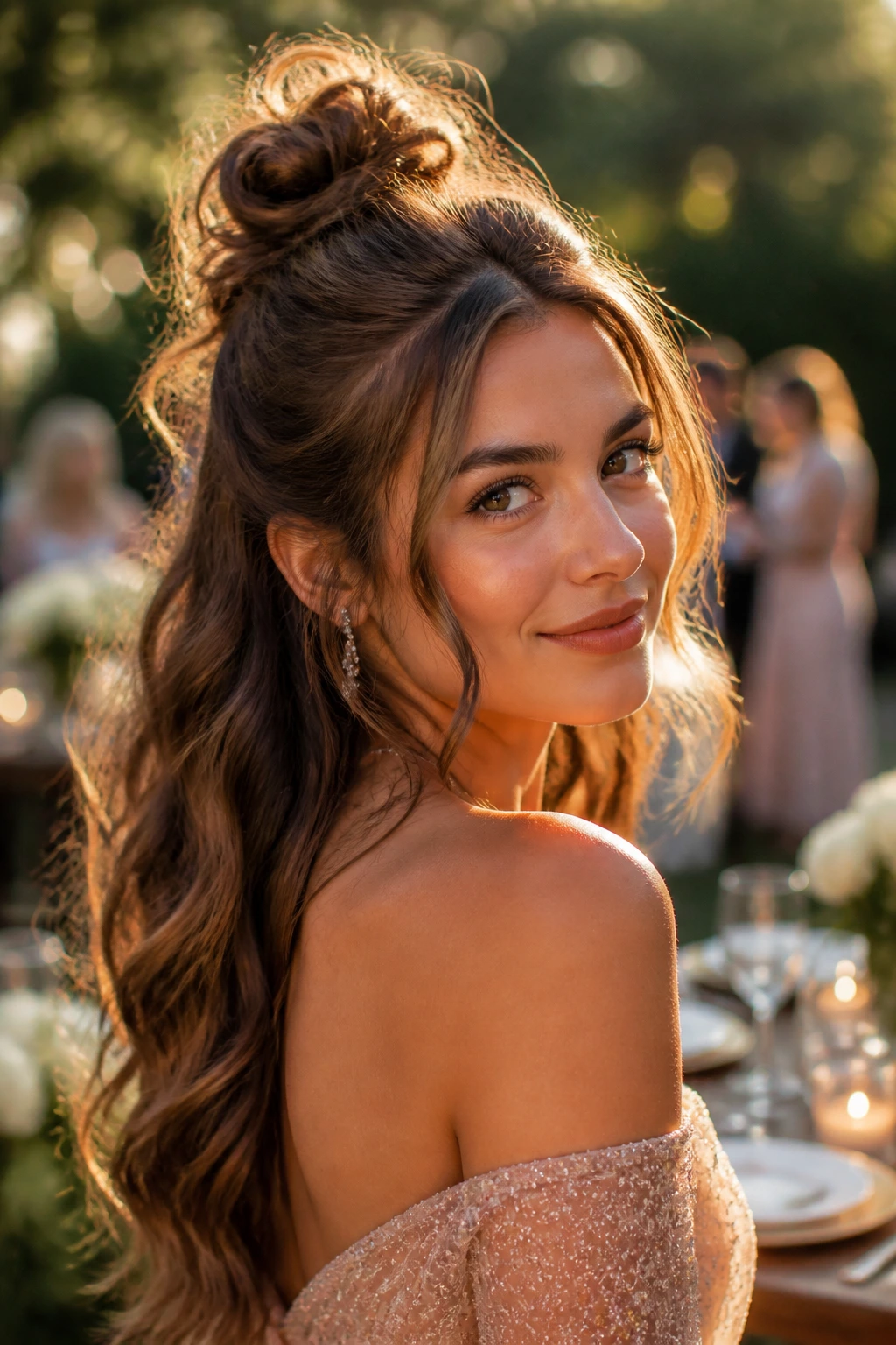 Close-up of a real woman with a wavy half-up and messy bun in golden hour light