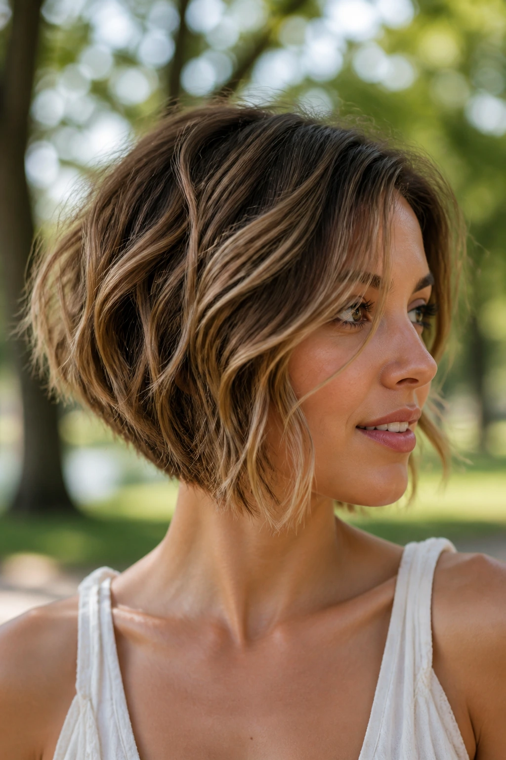 Close-up of a real woman with a wavy tousled inverted bob in a sunlit park