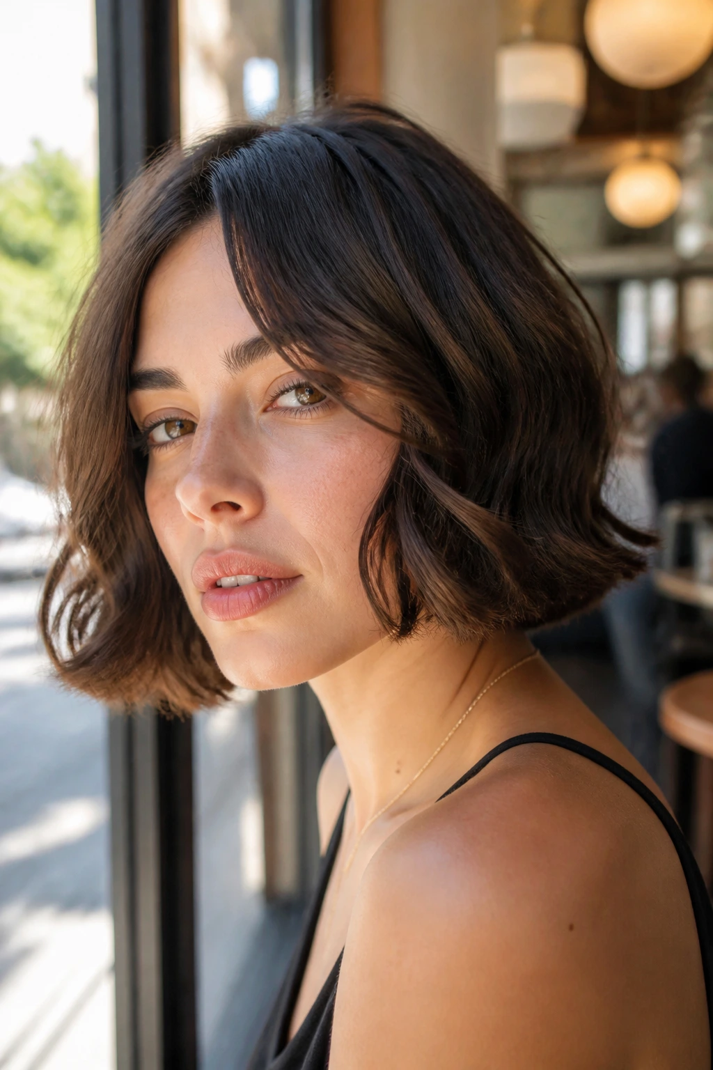 Close-up portrait of a real woman with a Wavy Italian Bob in a sunlit cafe.