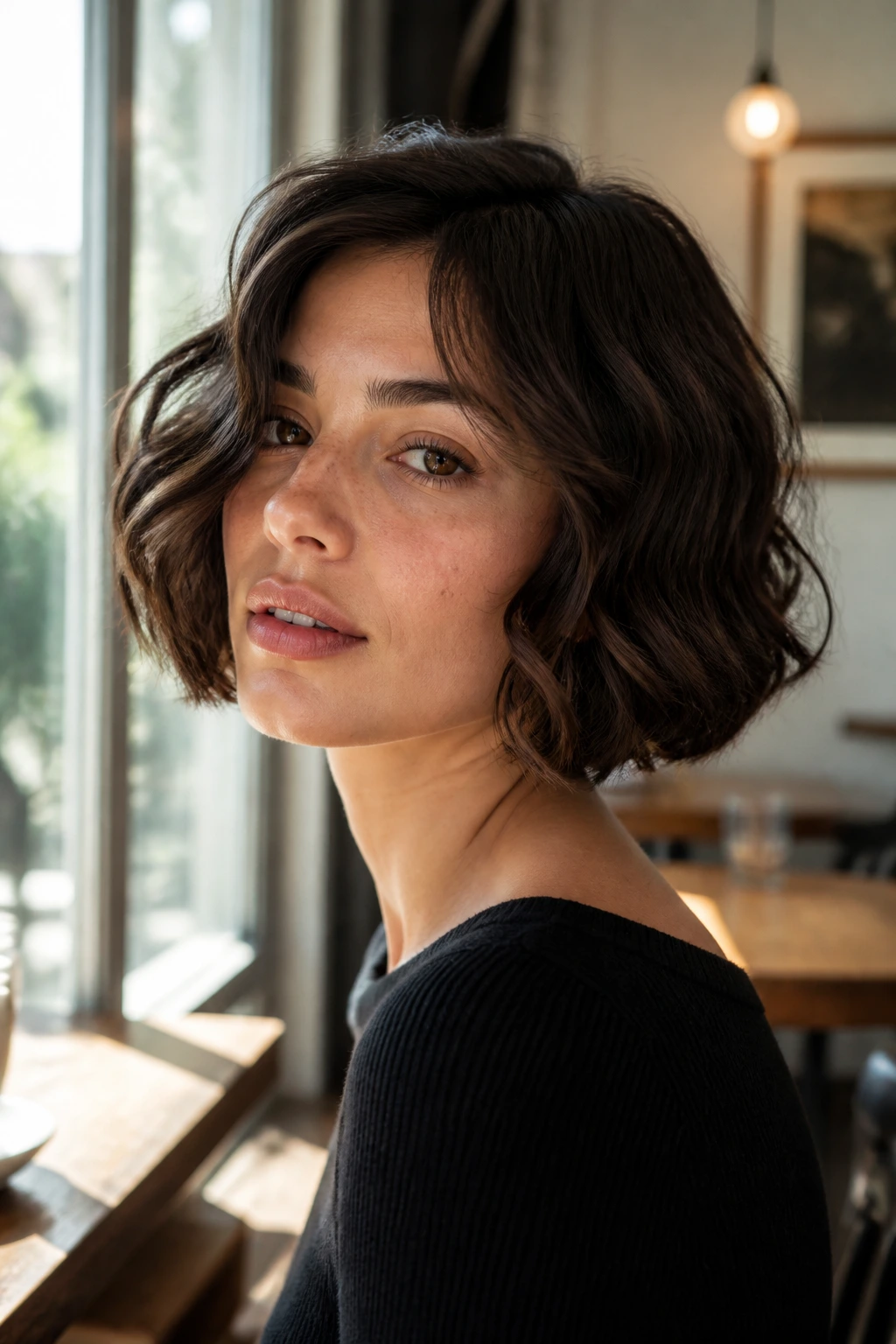 Close-up portrait of a real person with a wavy Italian bob showing movement and crisp edges