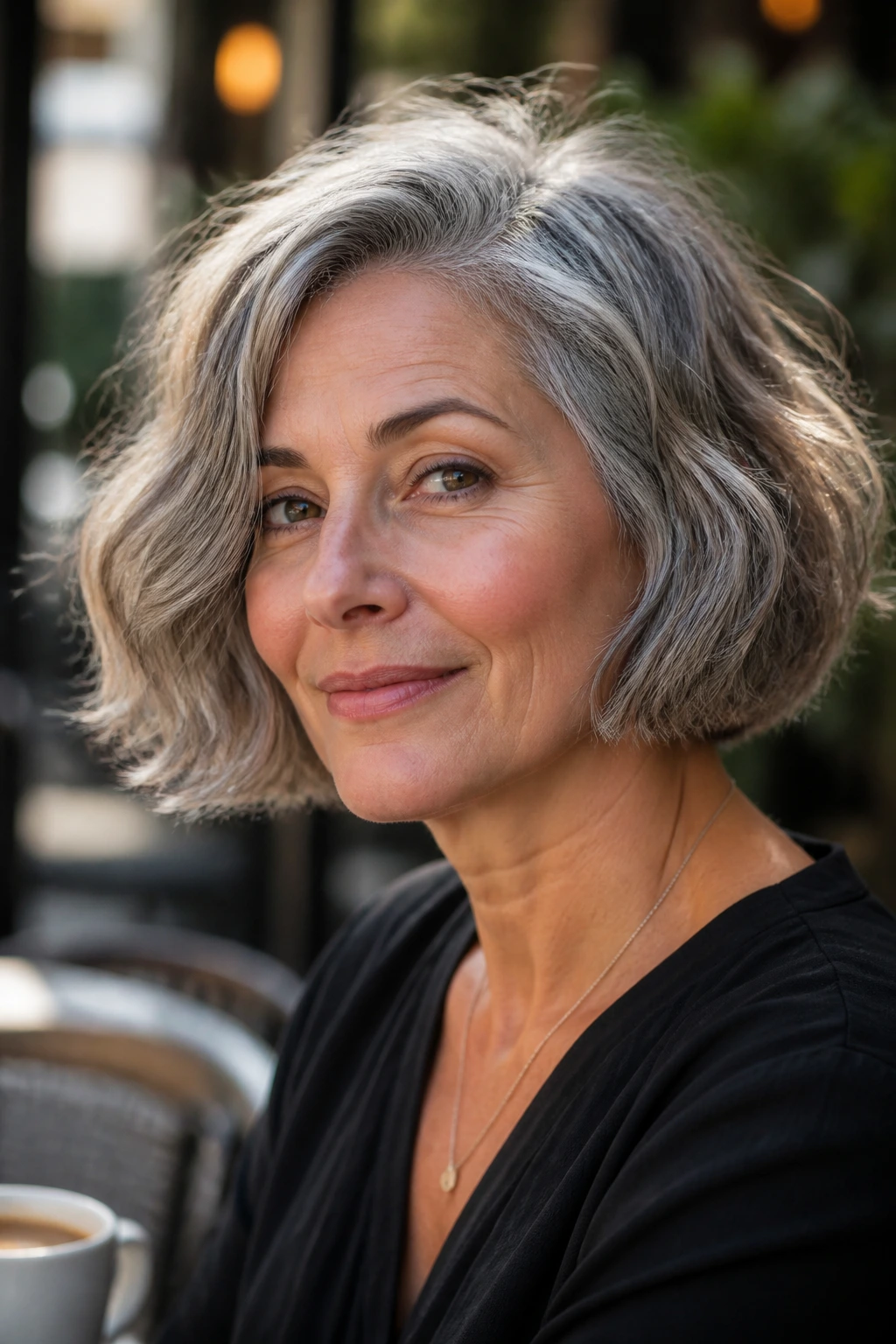 Portrait of a real woman with a Wavy Jaw-Length Bob, silver-gray waves at the jawline