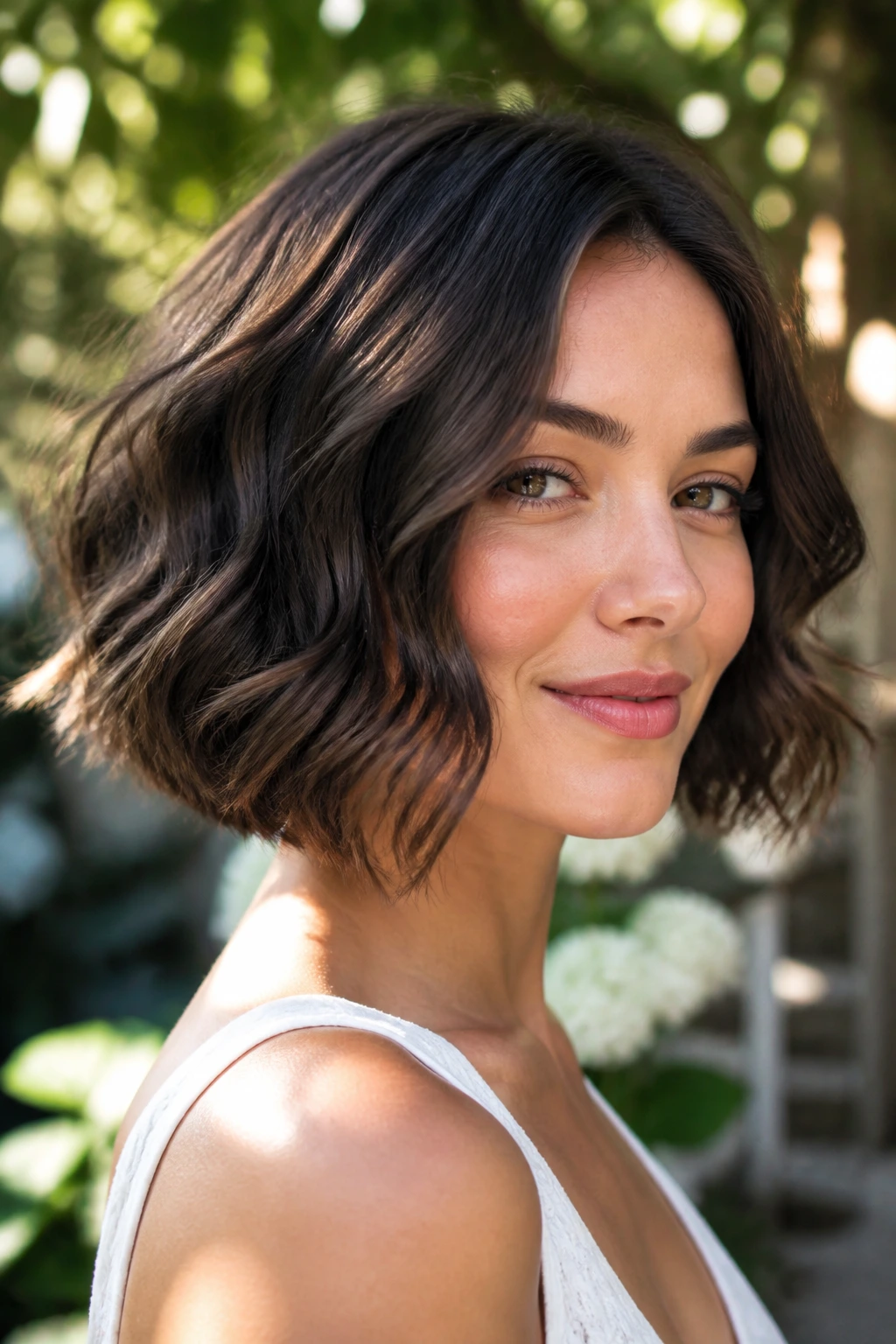 Close-up portrait of a real woman with a wavy jaw-length bob in an outdoor garden.