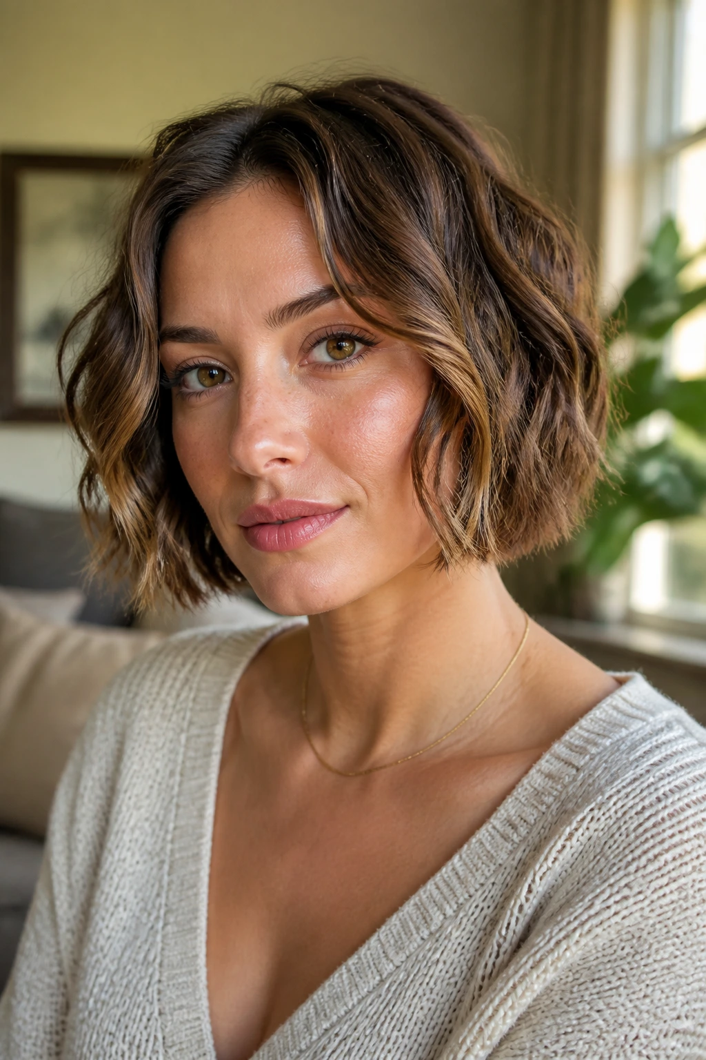 Portrait of a woman with a wavy jaw-length bob in a sunlit living room