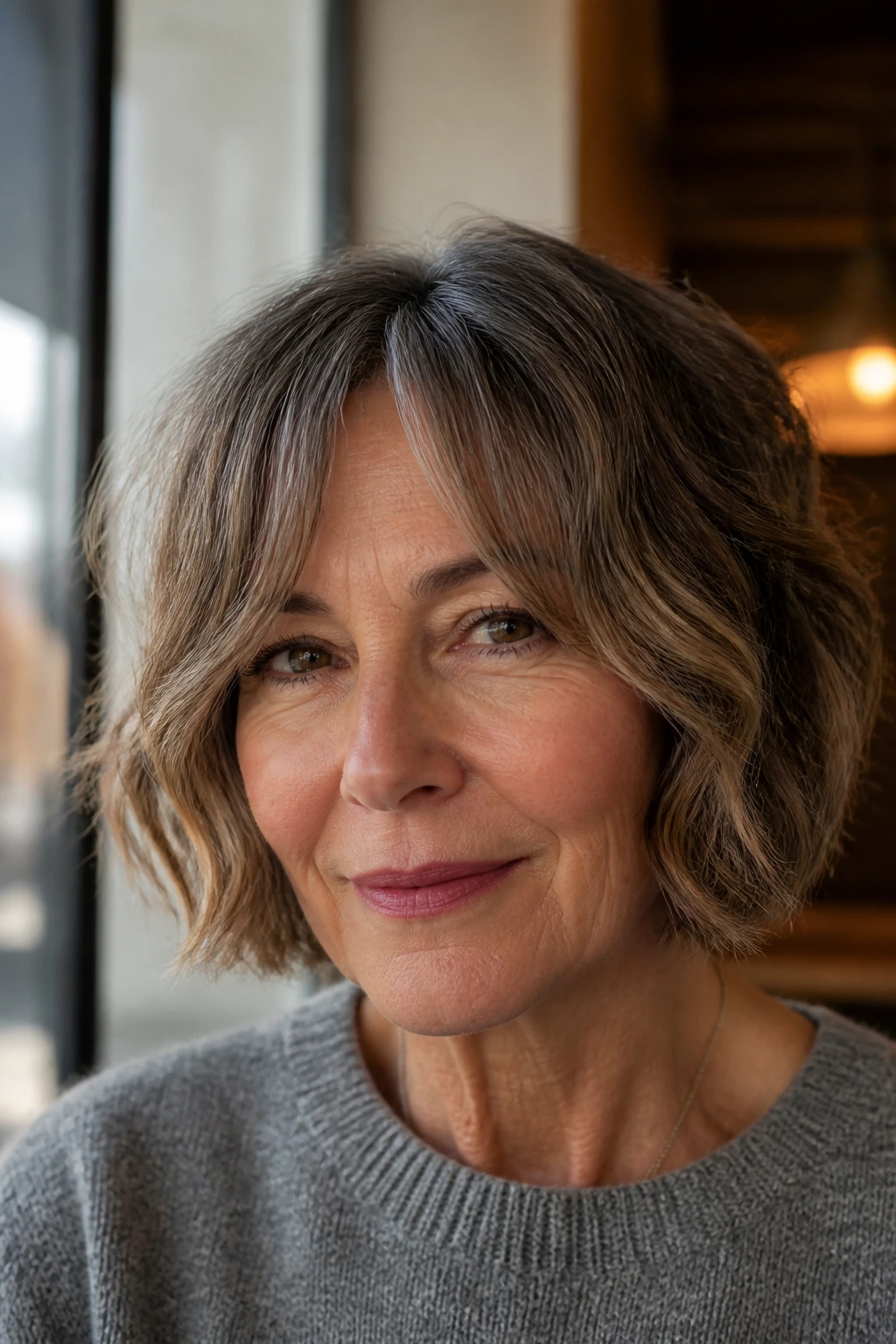 Close-up portrait of woman with Wavy Jaw-Length Cut Split Fringe