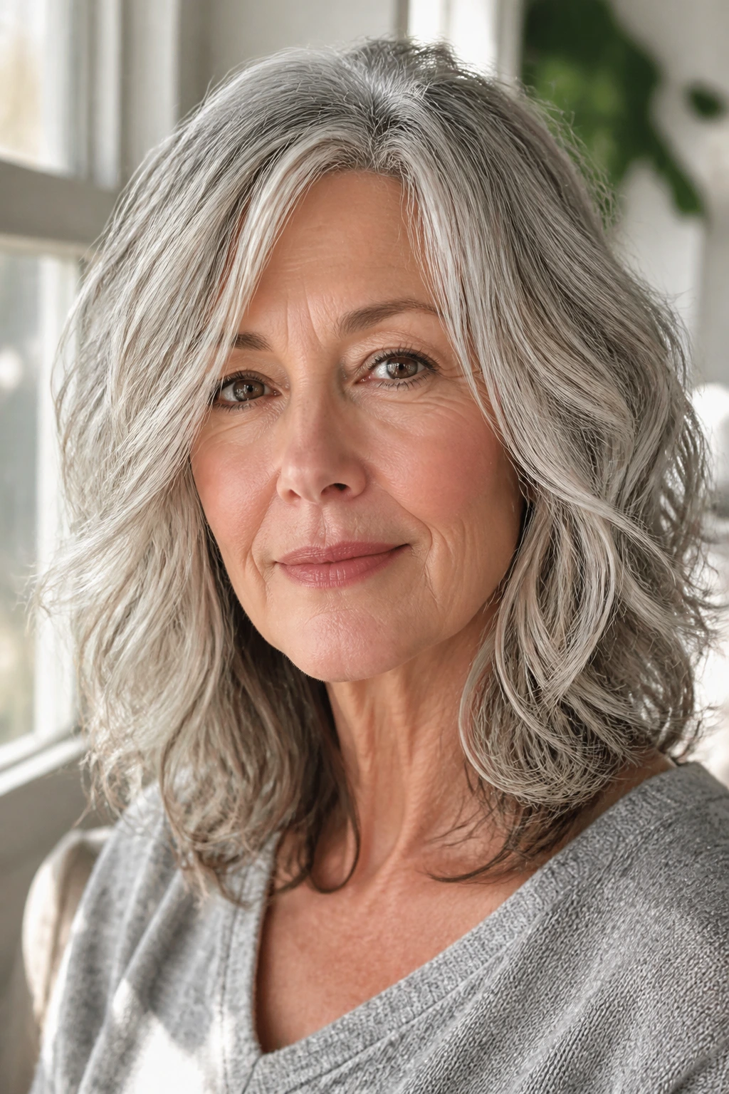 Close-up of a real woman with natural waves and a broken-up perimeter on the ends