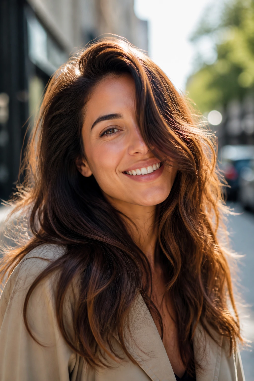 Portrait of a person with deep side part and wavy layered hair outdoors.