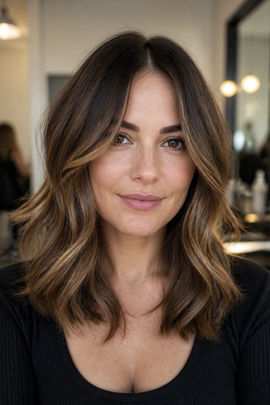 Close-up portrait of a real woman with a wavy mid-length cut and invisible layers.