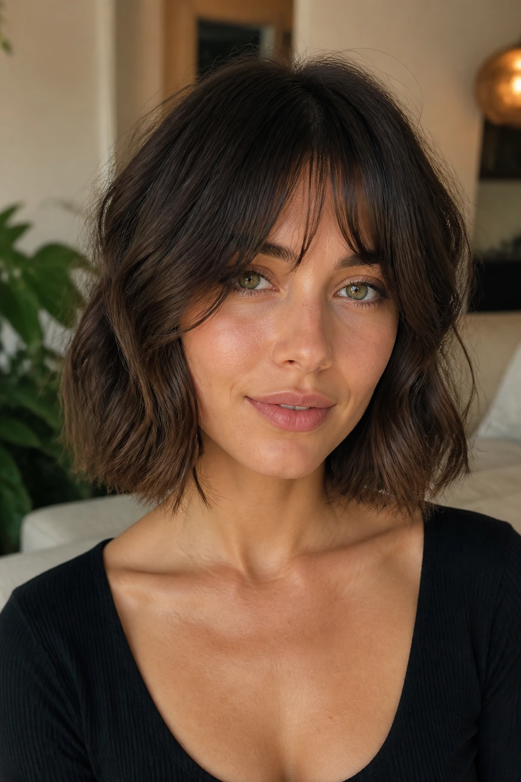 Wavy lob with bottleneck bangs on a real person