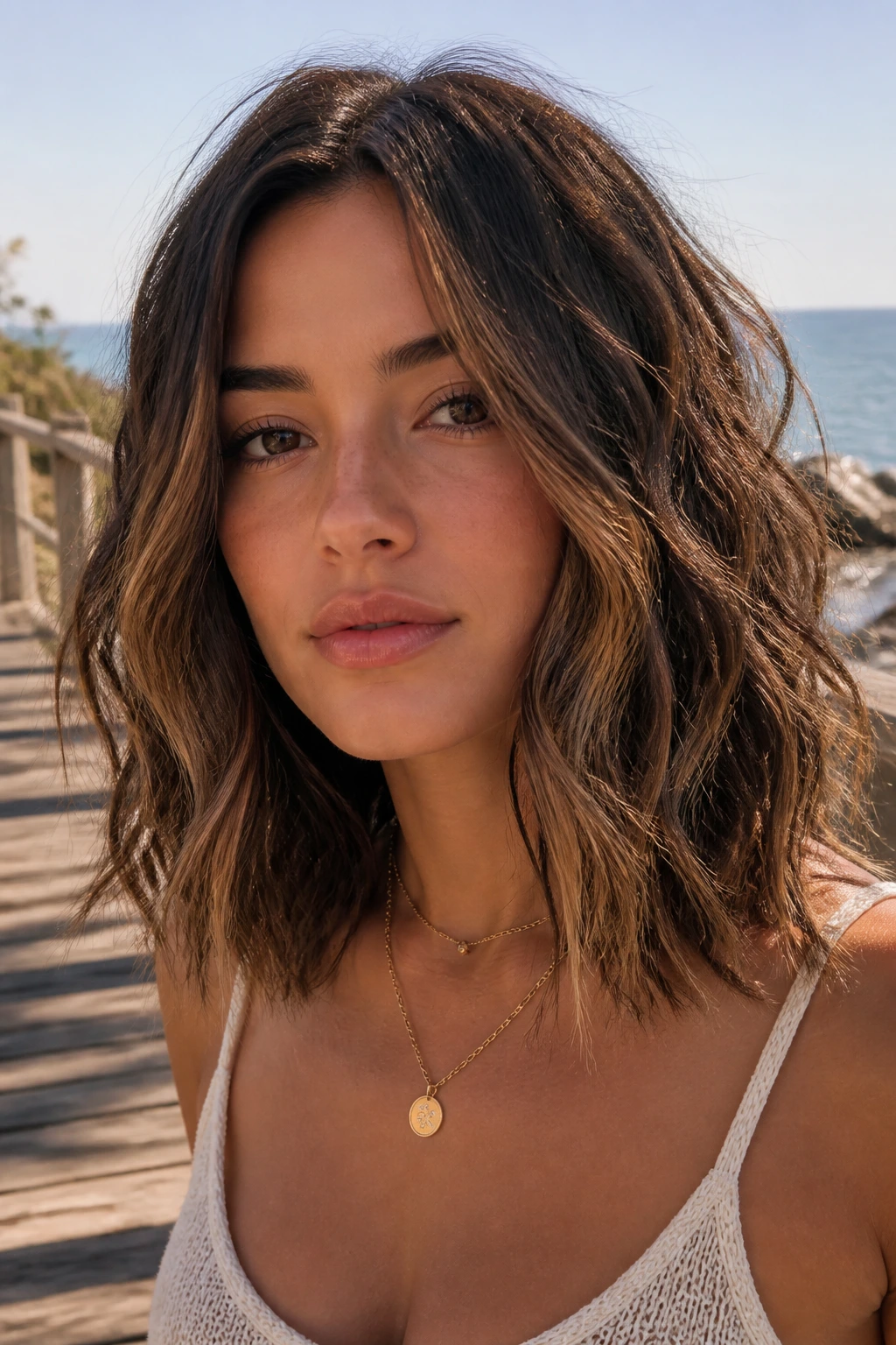 Close-up of a real woman with wavy beach lob on a sunlit boardwalk