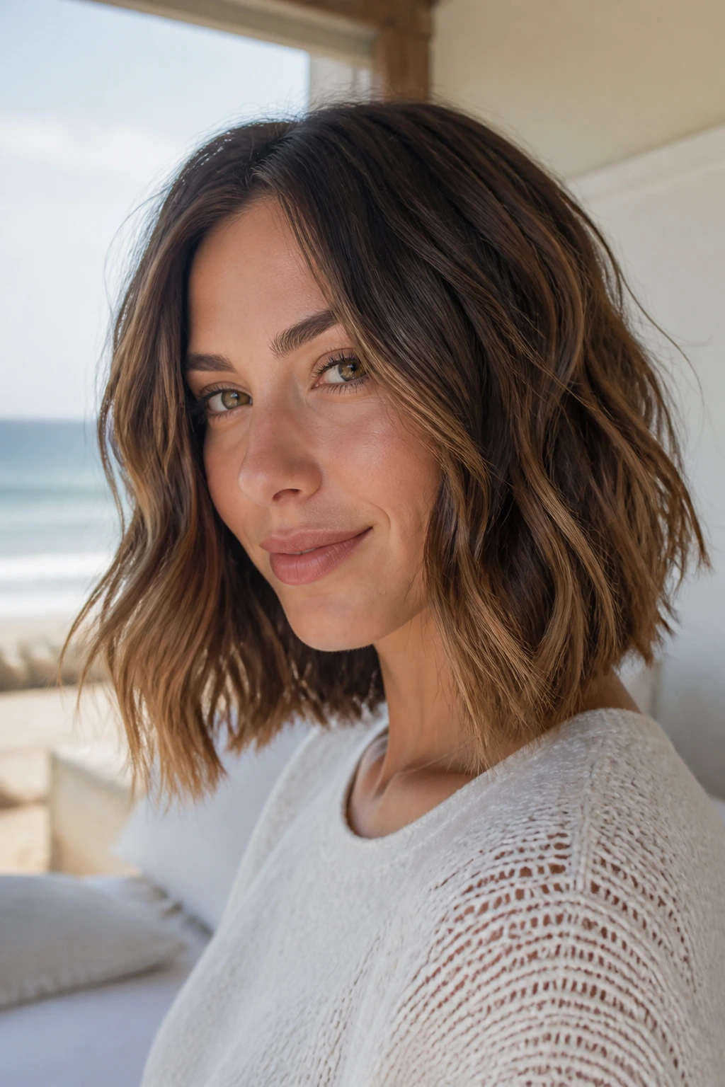 Portrait of a real woman with a wavy lob and beveled ends