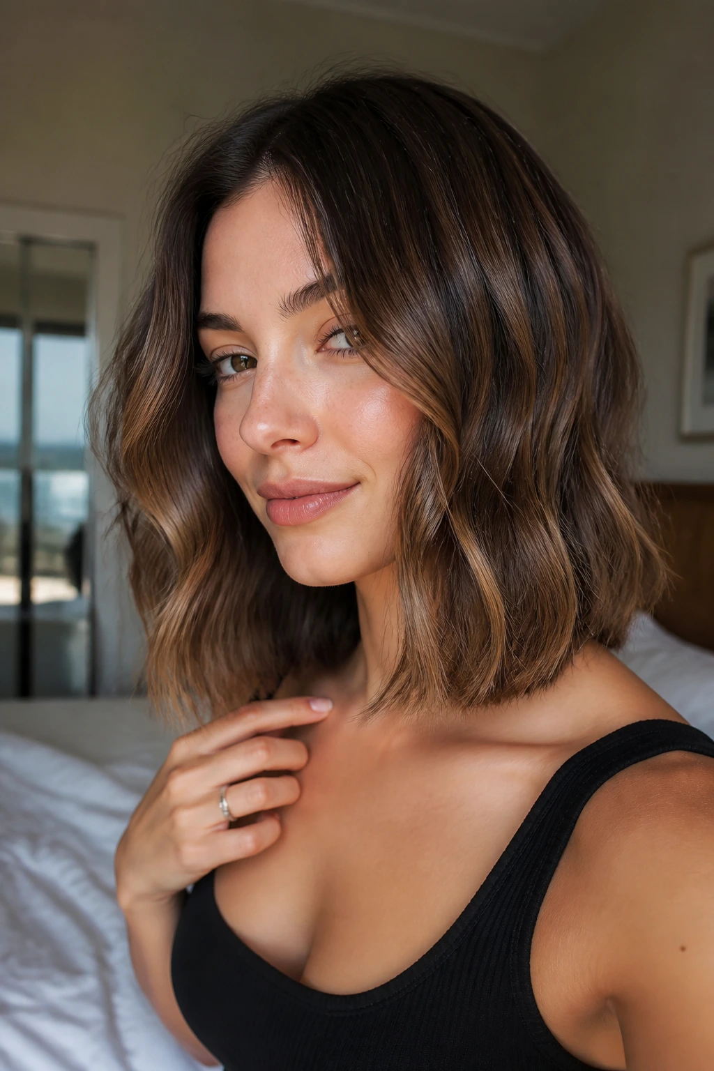 Close-up of a real woman's wavy lob with blunt-glossy finish in warm bedroom light