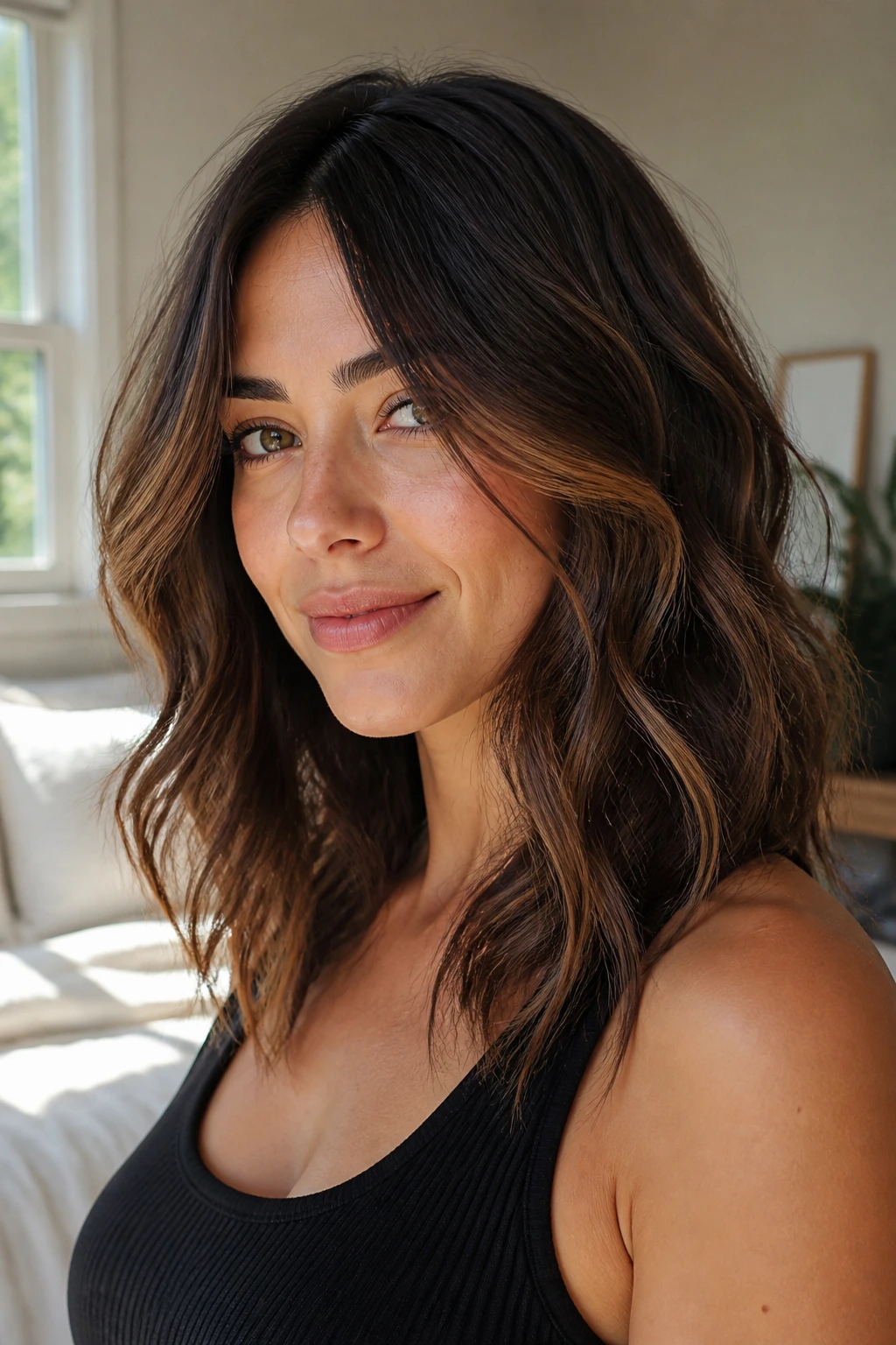 Close-up of a real woman with a wavy lob and long cascading layers in soft window light