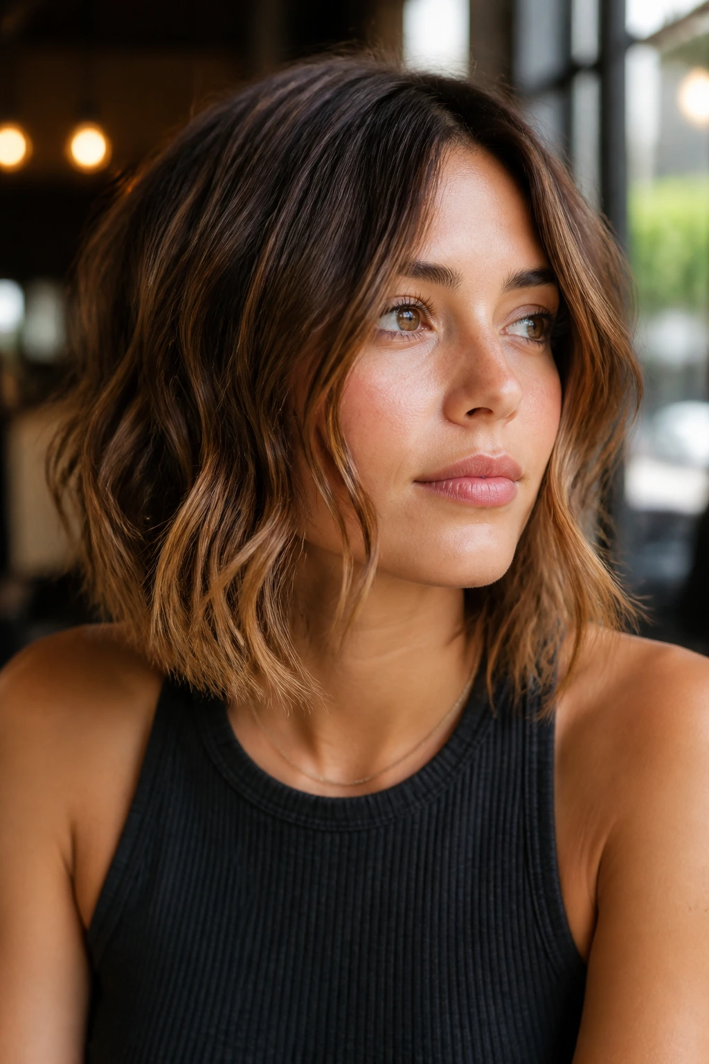 Close-up of a real woman with a wavy lob and chin-grazing pieces in cafe window light