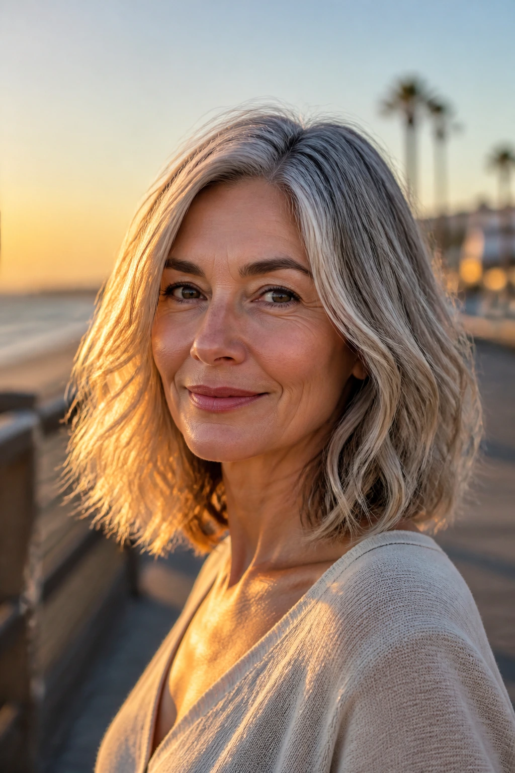 Close-up of a woman with a wavy lob showing collarbone-length waves in sunlight