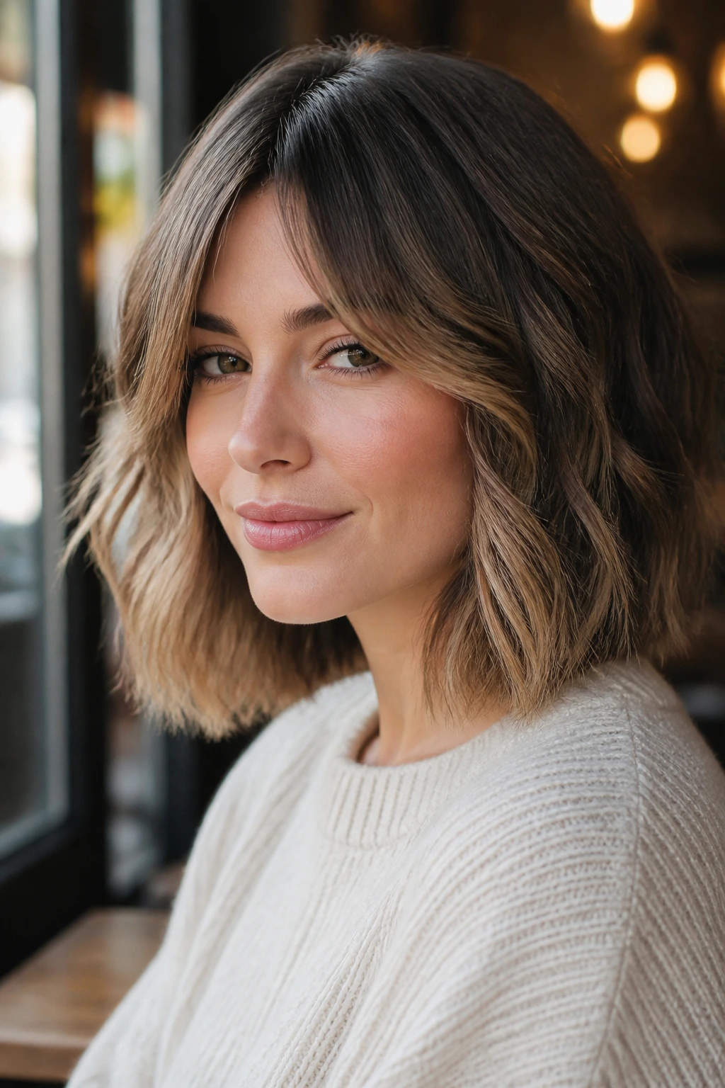 Portrait of a person with a wavy lob and cheekbone-framing curtain bangs in a cafe setting
