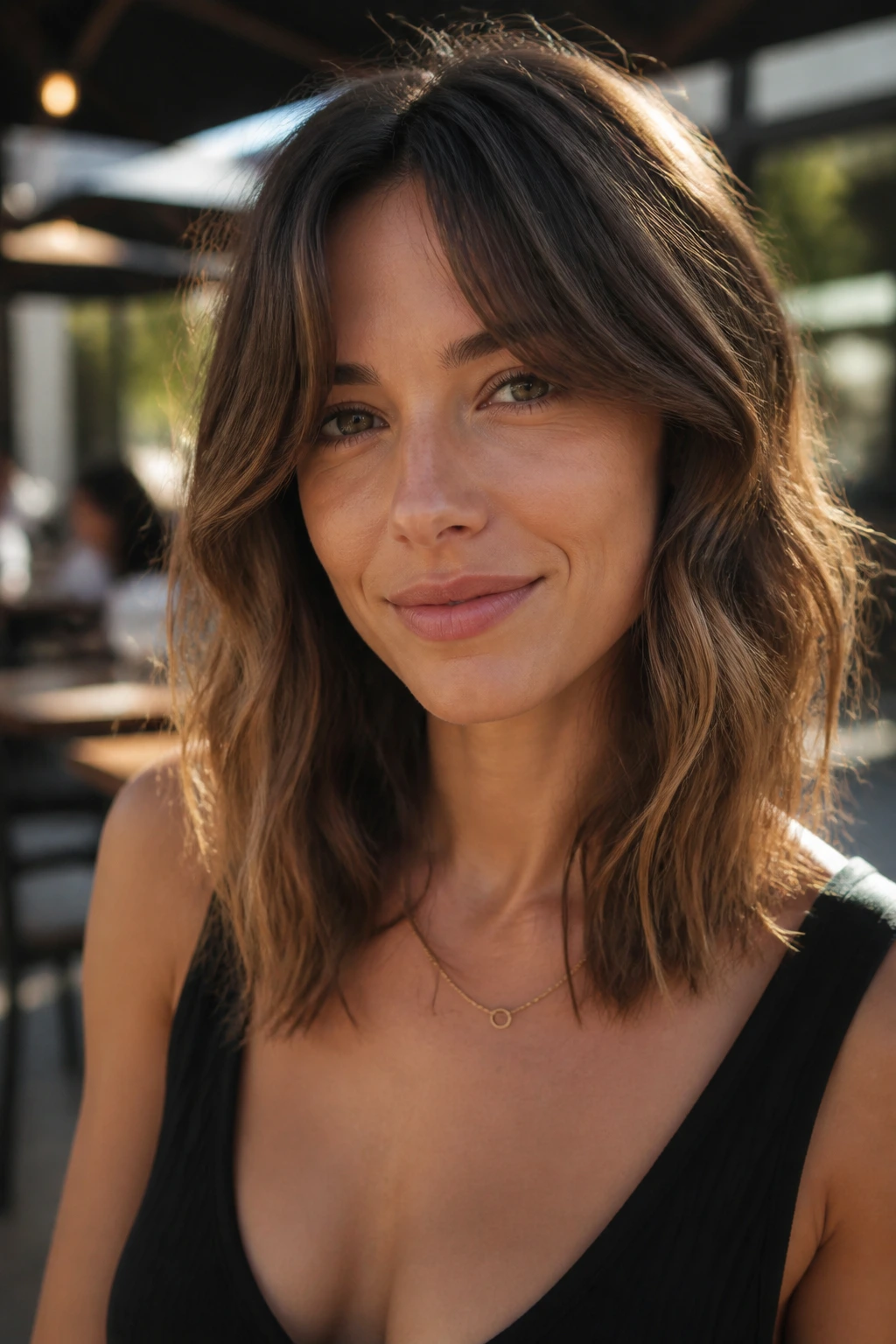 Close-up portrait of a real woman with wavy lob and split curtain fringe