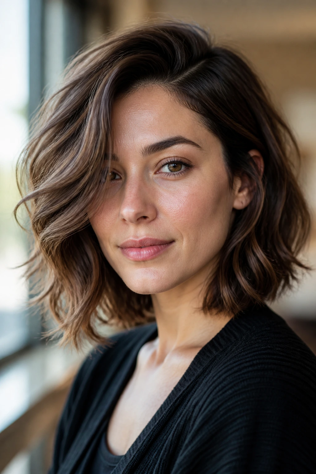Portrait of a woman with a wavy lob and deep side part