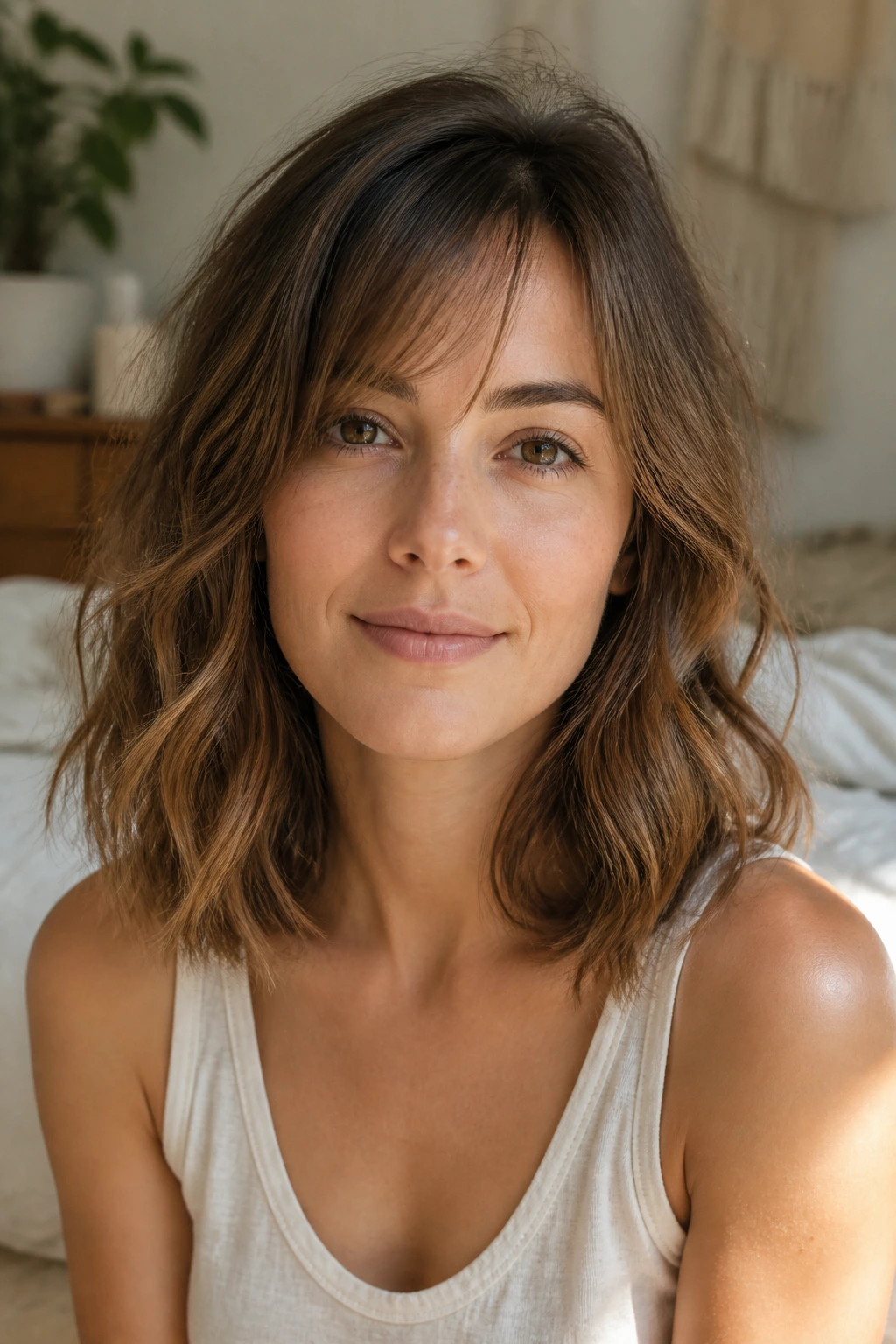 Portrait of a real woman with a wavy lob and barely-there fringe