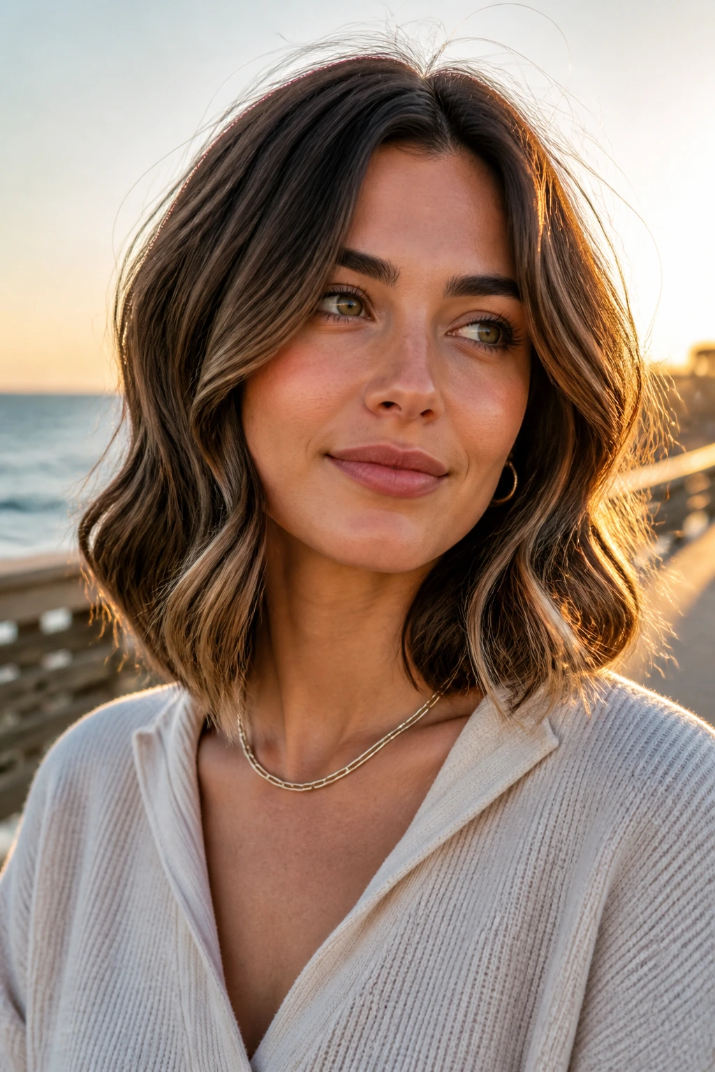 Close-up portrait of a real person with wavy lob and soft bends hairstyle.