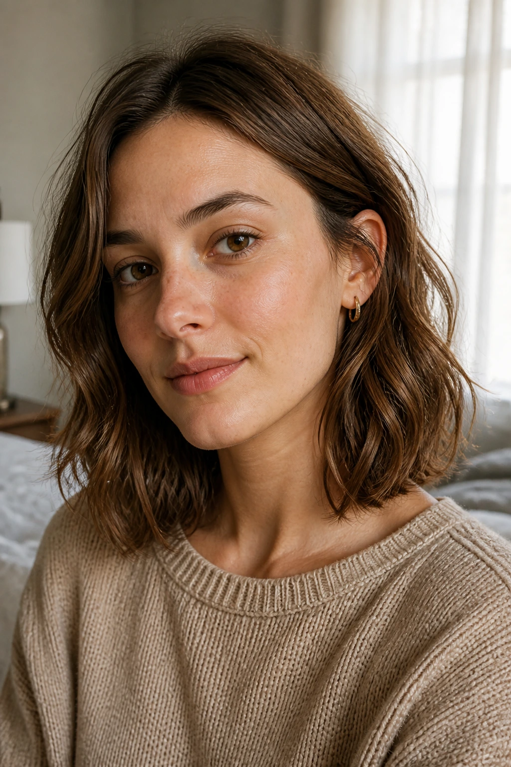 Close-up of a real woman with a wavy collarbone-length lob and natural air-dried waves