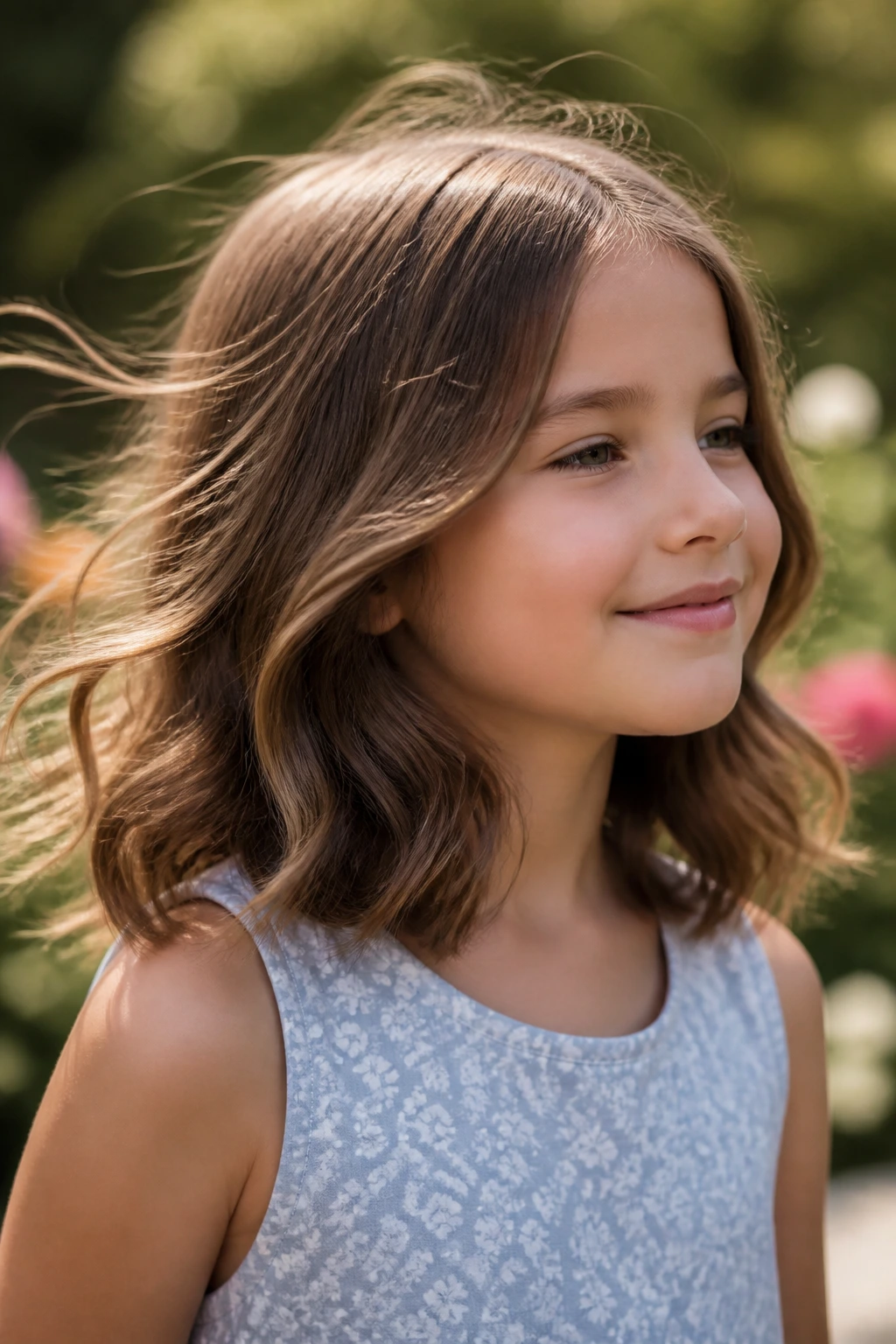 Close-up of a child with a Wavy Lob and internal layers in natural light