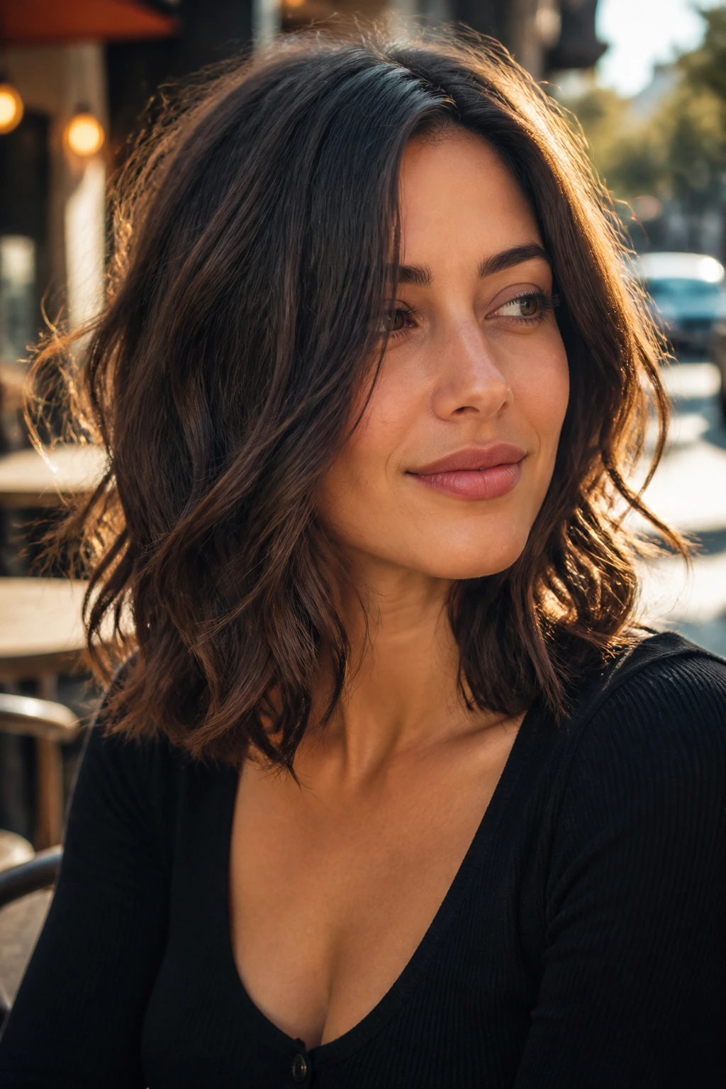 Close-up of a real woman with a wavy lob and internal layers in golden hour light