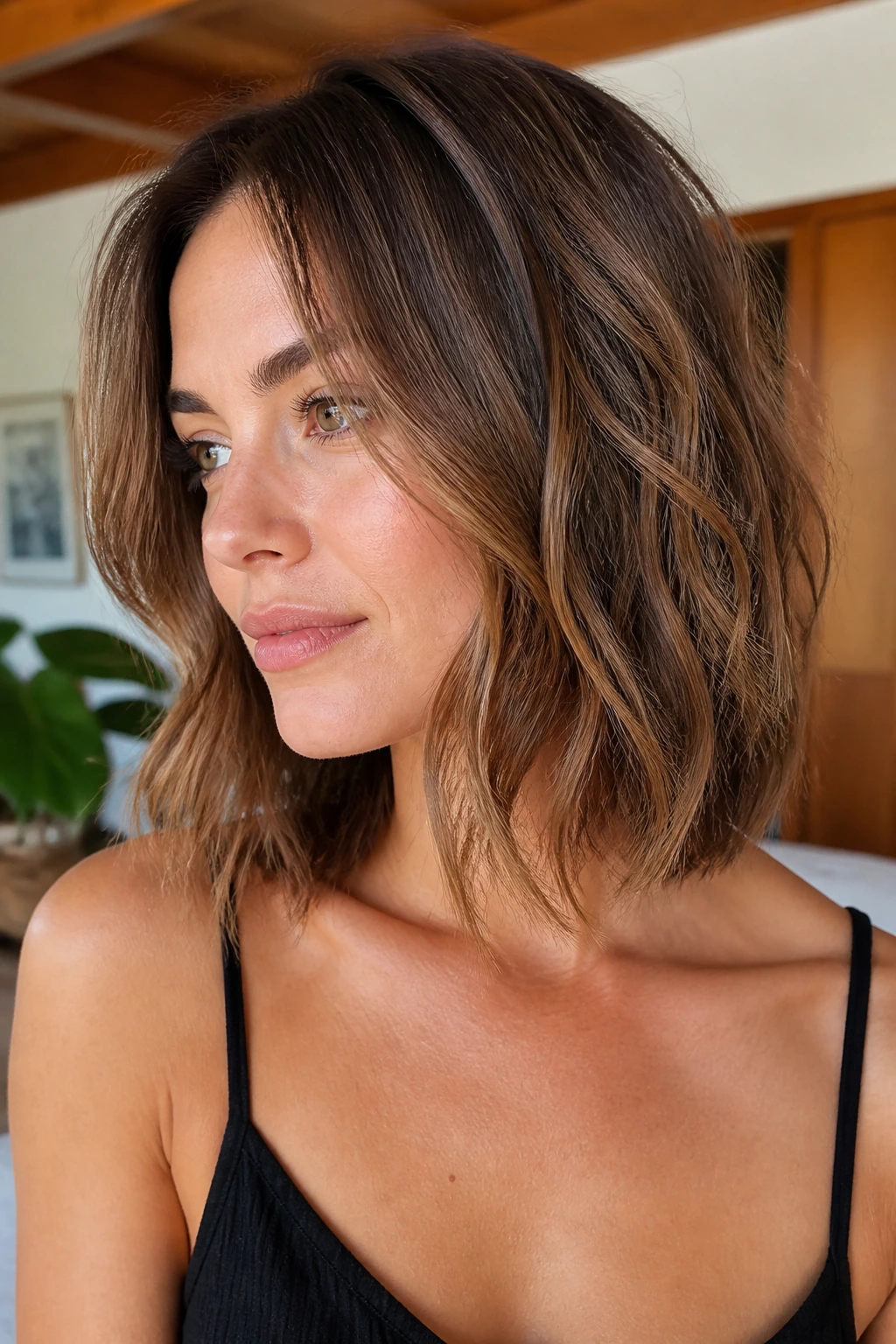 Real woman with collarbone-length wavy lob showing internal texture in sunlit living room