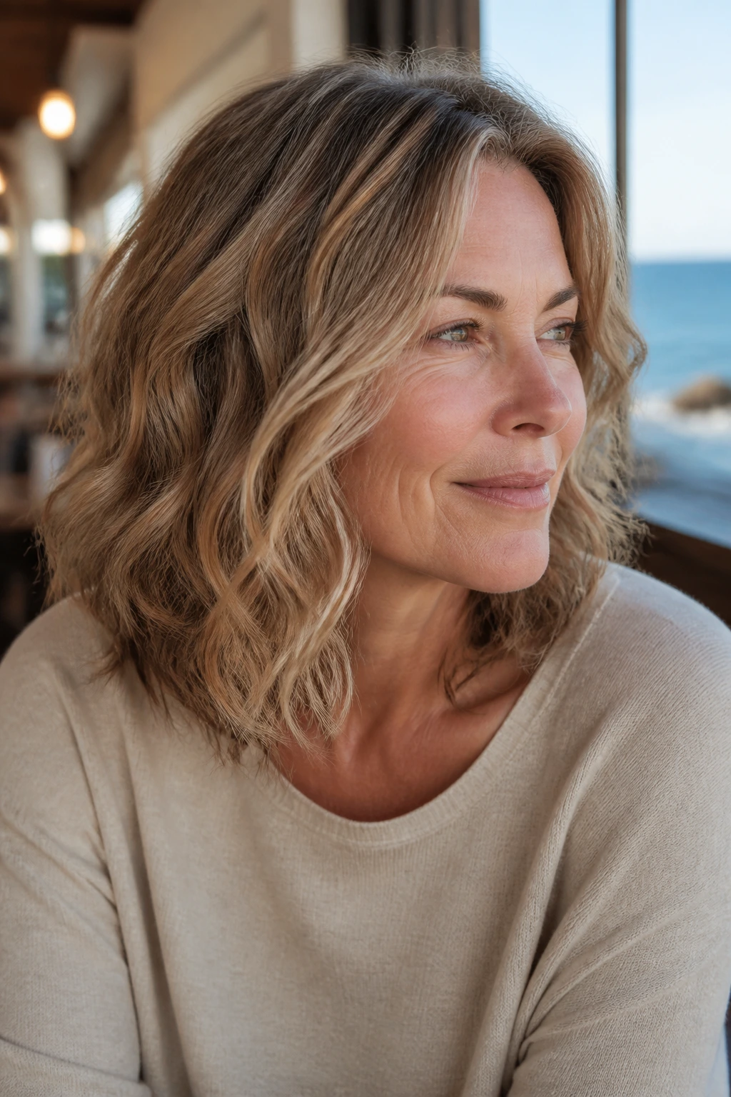 Close-up of a real woman with a wavy lob and invisible layers in natural light