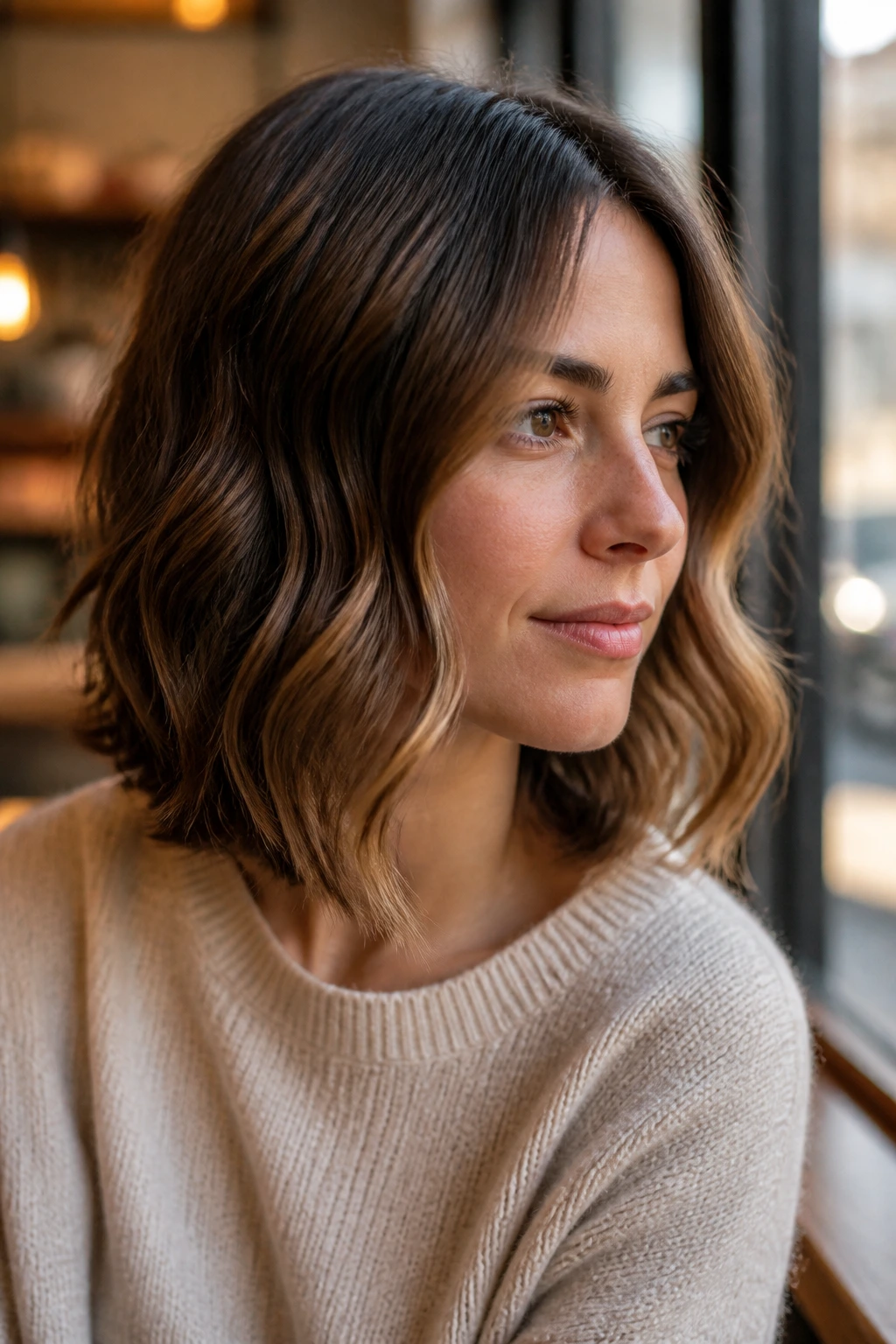 Portrait of a real woman with a wavy one-bend lob
