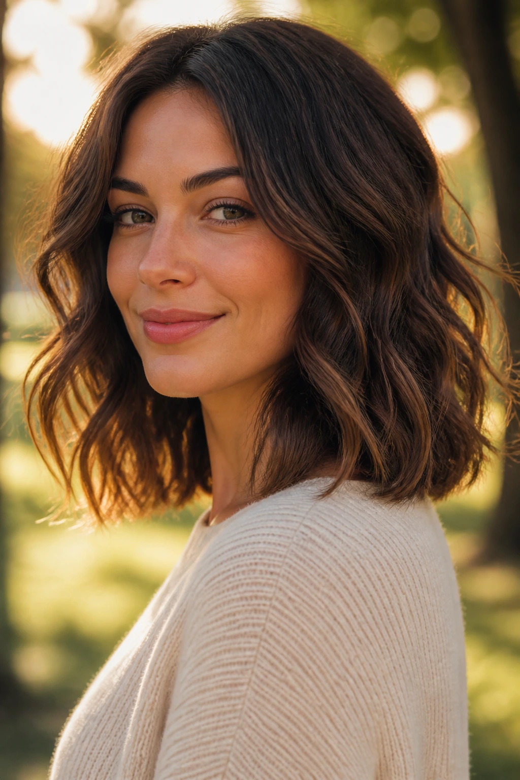 Close-up of a real person with a wavy lob at golden hour in a park