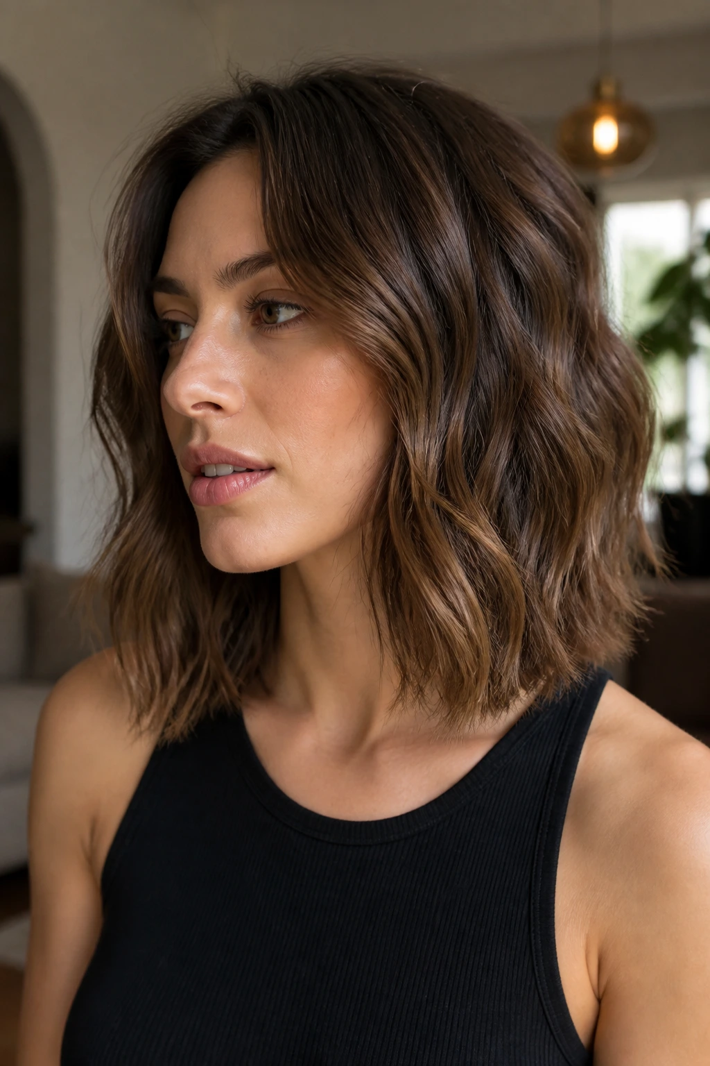 Close-up of a real person with a collarbone-length wavy lob and razor-touched ends