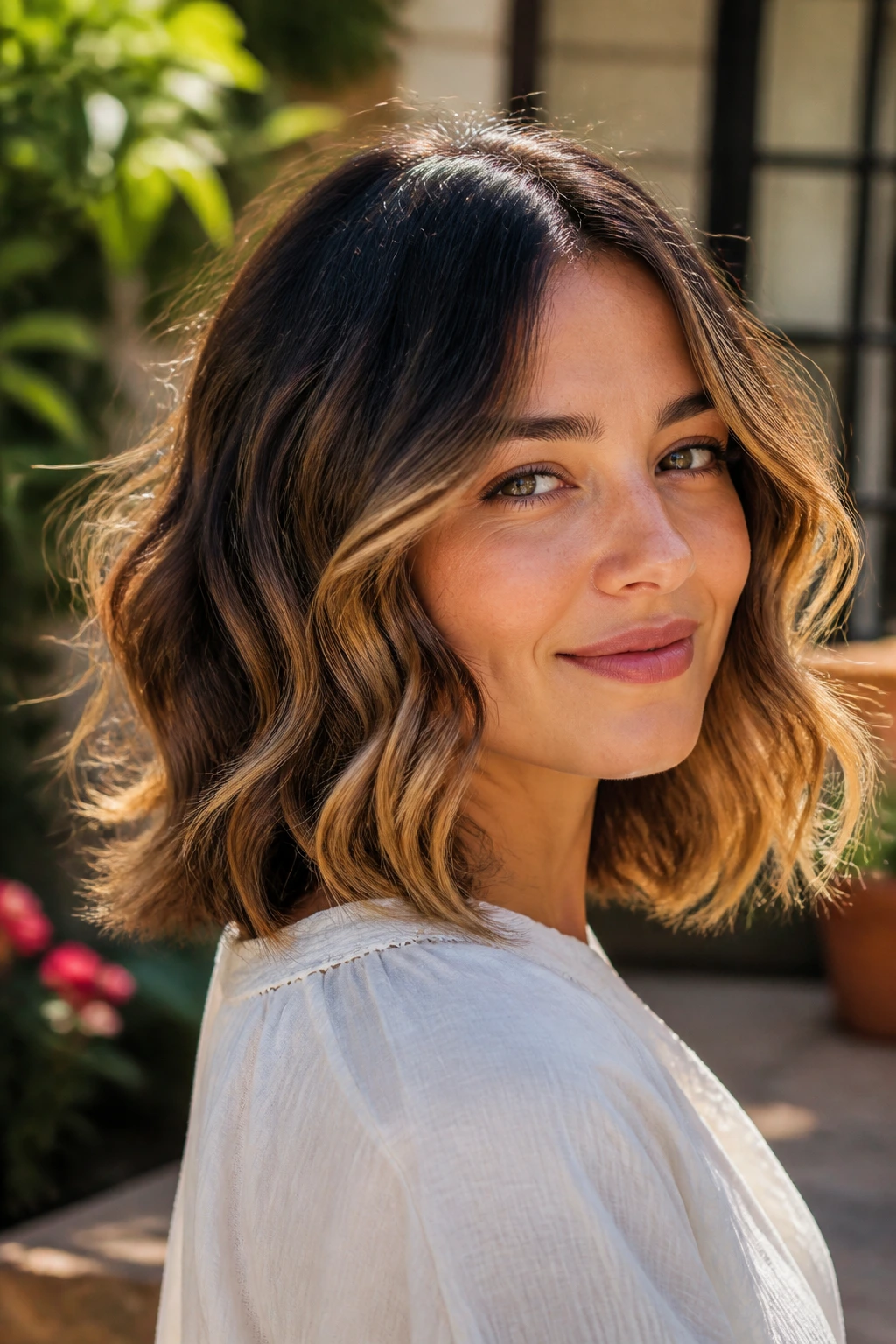 Close-up of a real woman with a shoulder-length wavy lob and soft S-bends in natural light