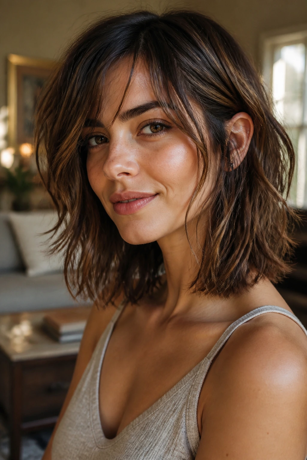 Close-up of a real woman with a wavy lob shag in warm window light
