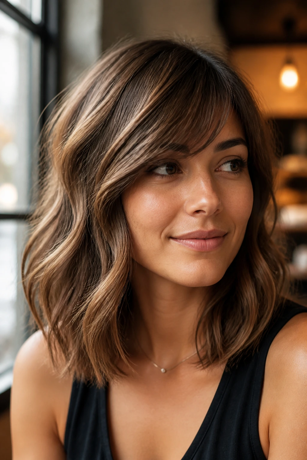Close-up portrait of real woman with wavy lob and side-swept bangs in cafe setting