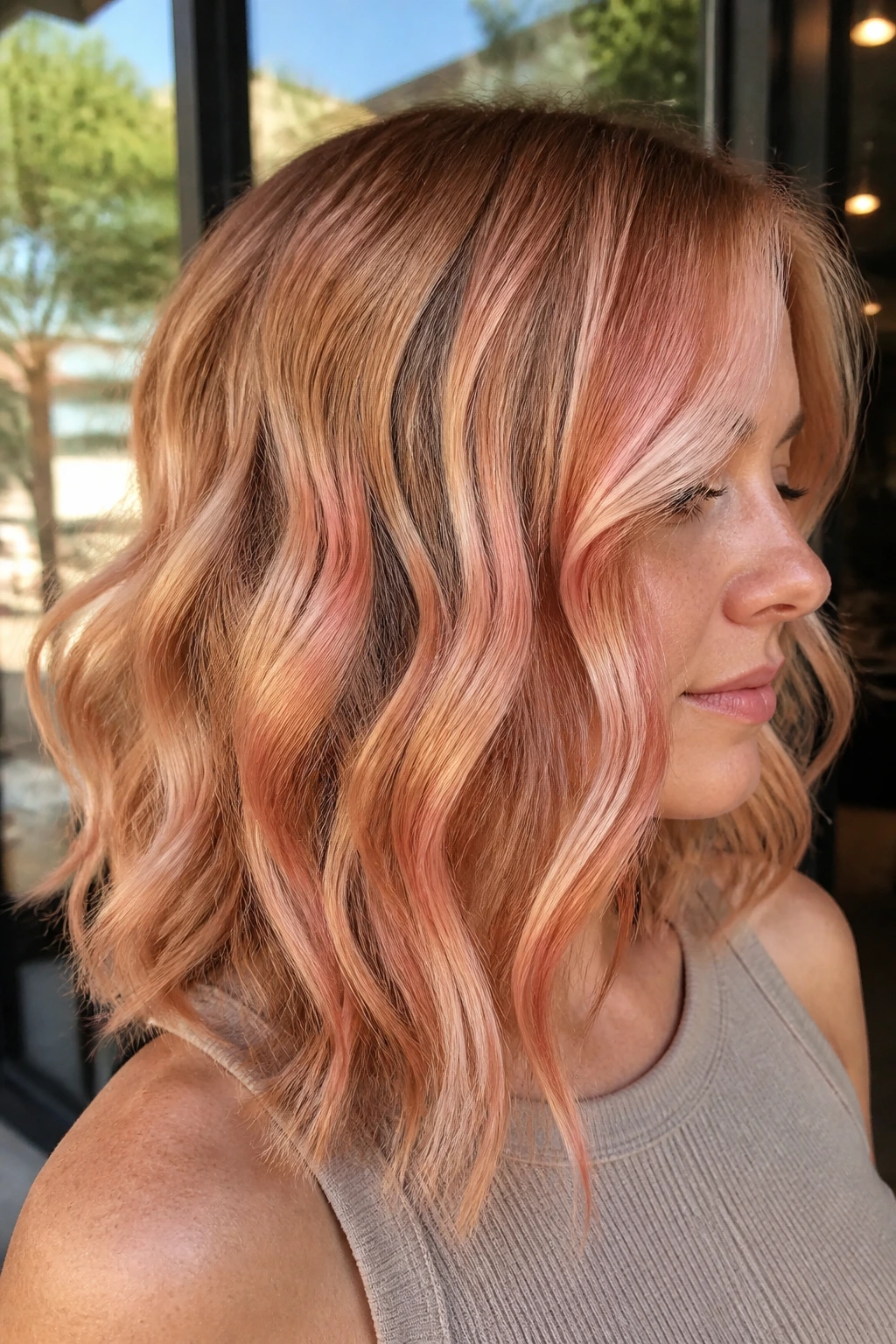 Shoulder-length wavy lob with strawberry ribbons on a real person in cafe window light