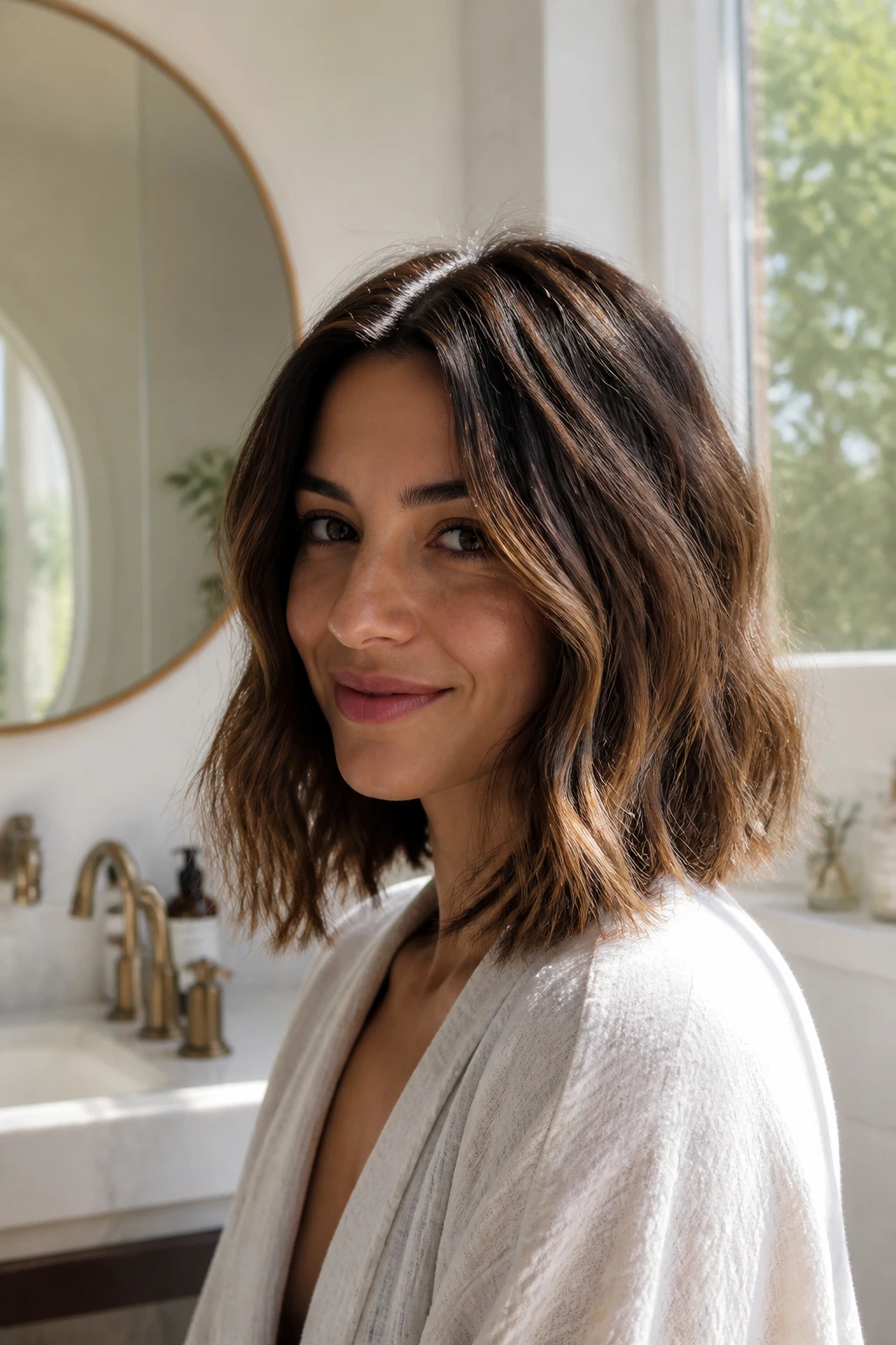 Medium close-up of a real woman with a wavy lob in a bright bathroom setting.