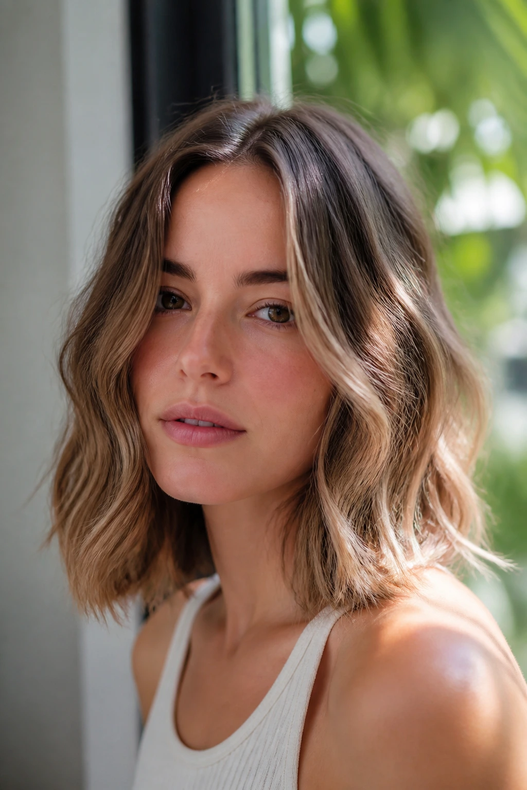 Wavy Lob with Subtle Layers close-up portrait of a real person with waves and subtle layers